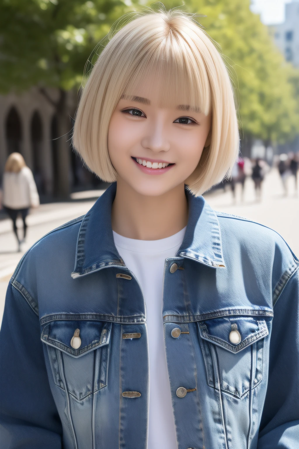 (超A high resolution、Photorealsitic、realisitic、top-quality、Photorealsitic)、(in 8K、top-quality、masterpiece)、(auto white balance)、Technical sense、finely detail、extremely delicate and beautiful、foco nítido、Rich background、(realperson、a picture)、(((High Detail Skin)))、(Kawaii Girl、Lori、18year old、college aged、a blond)、(((Short bob hair、Bangs)))、(A smile)、((Fashionable、denim jackets、long-sleeve))、(full body full shot、The perspective of the human eye)、Looking at your smartphone