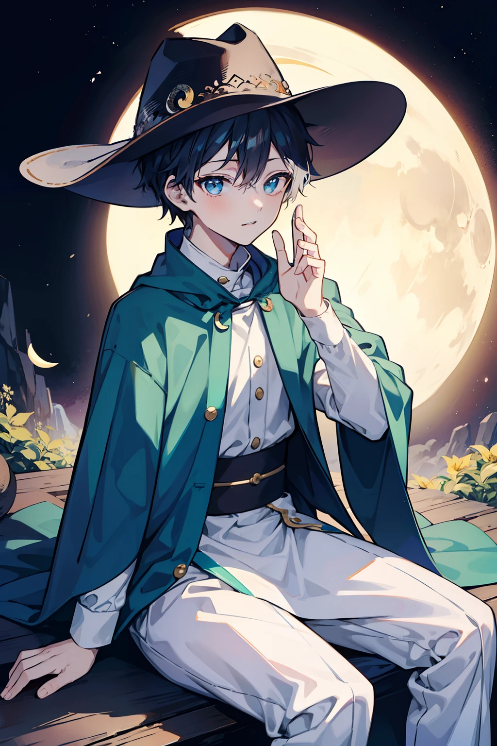 One Boy Sitting on a Crescent Moon、Dressed in national costume、Dressed in a traditional poncho、Wearing a cowboy hat、mash、