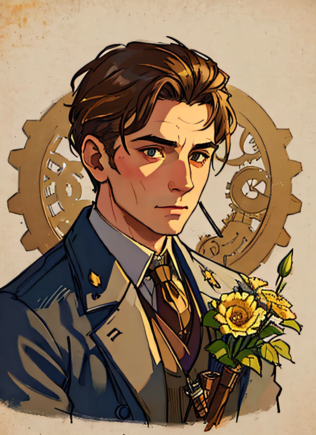 modelshoot style Charlie Bowater realistic Lithography sketch portrait of a man, flowers, [gears], pipes, dieselpunk, multi-colored ribbons, old paper texture, highly detailed