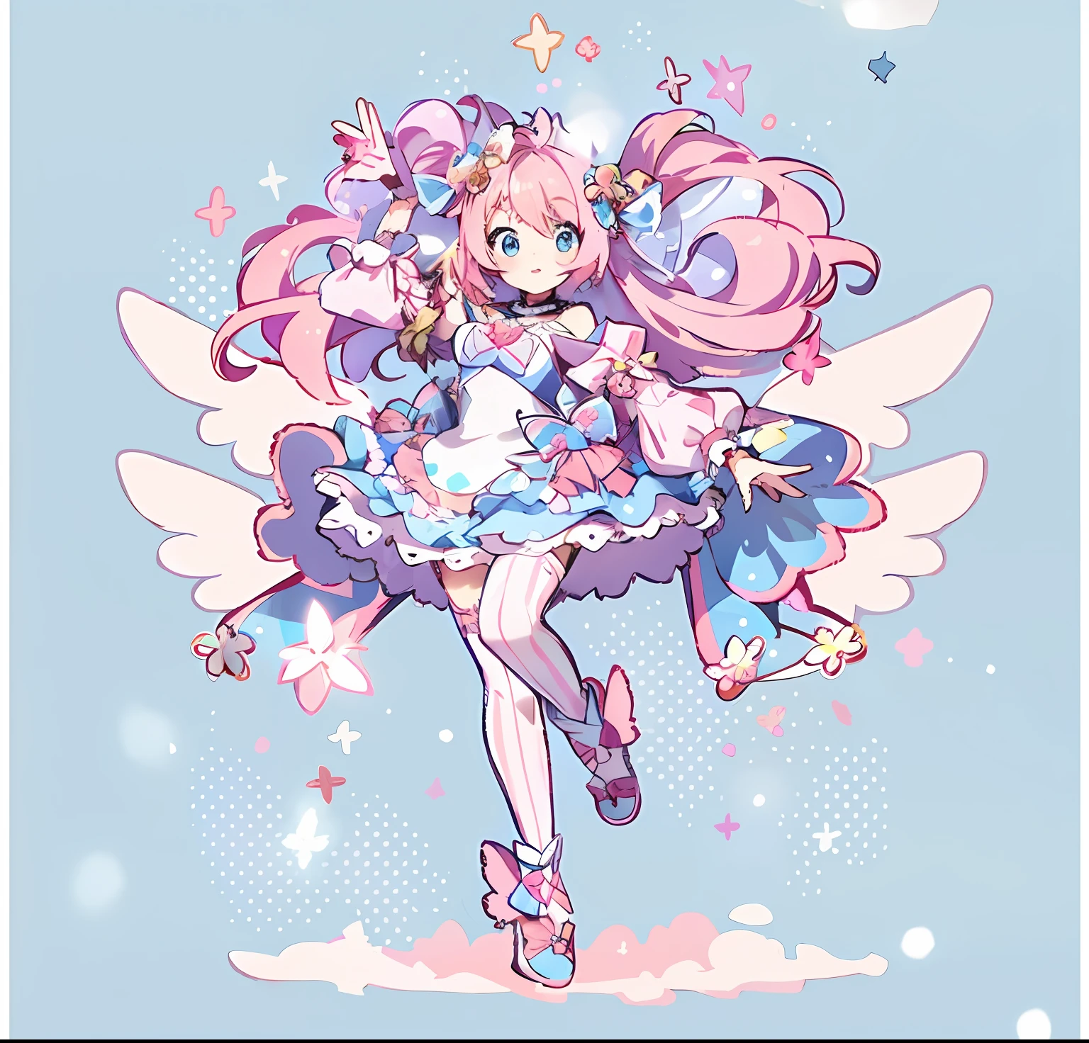 Anime girl with pink hair and blue dress flying in the sky, style of magical girl, Splash art anime Loli, sparkling magical girl, aesthetic cute with flutter, magical little girl, High Quality Anime Art Style, portrait of magical girl, lovely art style, pretty anime character design, astral fairy, cute anime waifu in a nice dress, fluffy pink anime clouds