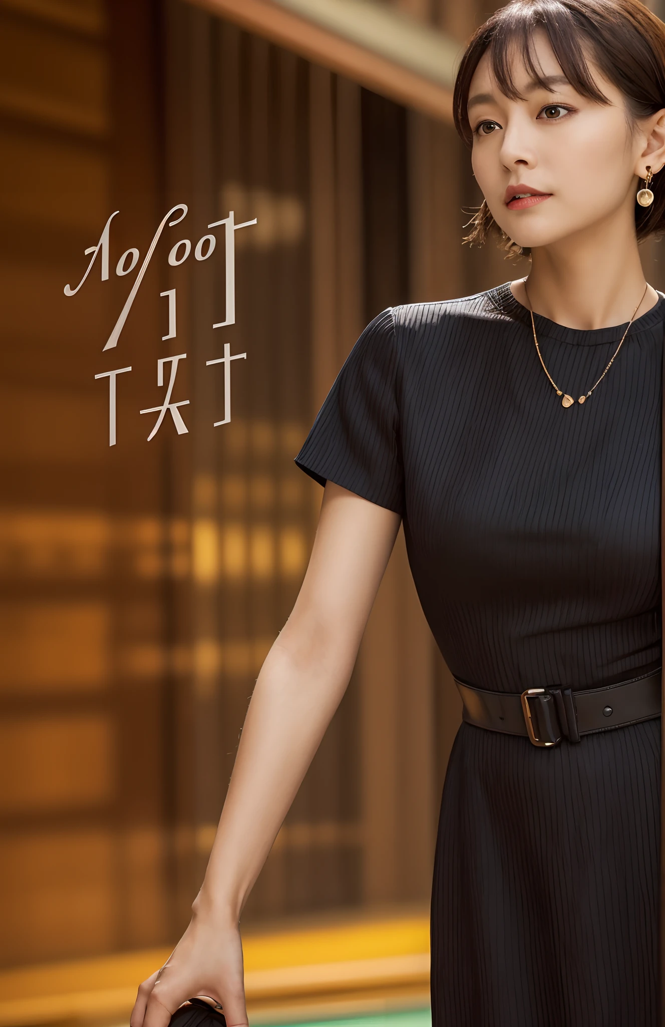 Alafed image of woman in black dress holding brown bag, advertisement picture, Short sleeves, style of yoshii chie, Black color, Saggy Audi style, simple style, t-top, Vivid), black jewelry, with black, photo for a magazine, Deep Black, magazine, Modern look, the detailed images, Stable appearance, autum
