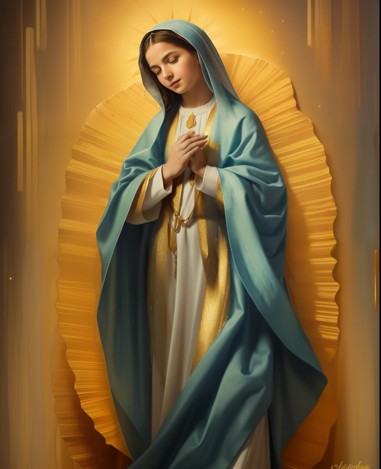 ((Blessed Virgin Mary. 19 years old))) ((( Con una cara seria y piadosa. Con una mirada dulce y tierna))) (obra maestra, calidad superior, mejor calidad, arte oficial, beautiful and aesthetic: 1.2), (1girl), extremadamente detallado, (Arte fractal: 1.3), colorido, highest detailed, Cara perfecta, parte superior del cuerpo, HDR, (orando: 1.3), (golden lines of white coat: 1.2), galaxia, (rayas de luz), eye-catching visuals, (dynamic stripes, senderos luminosos: 1.2), colores vibrantes,