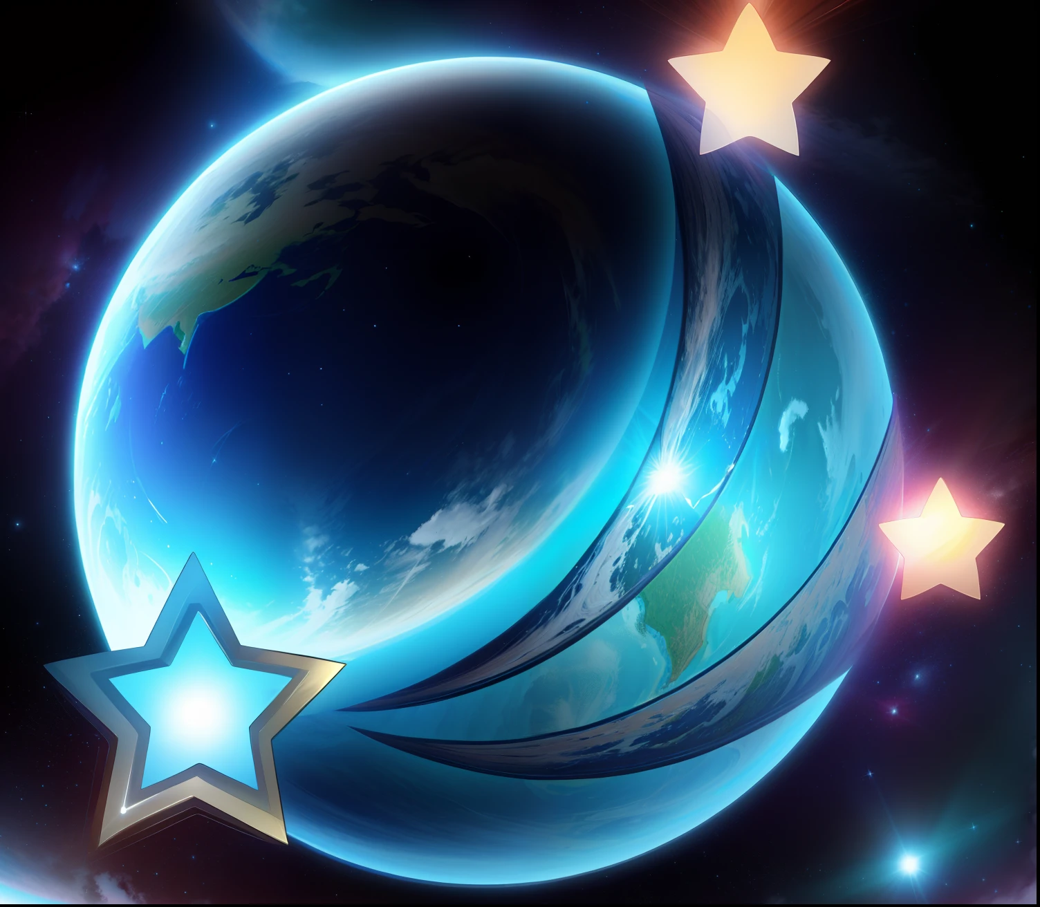 One hand holds the earth，The Earth is surrounded by three stars，ultra-clear，tmasterpiece，8K，the detail，vectorial art