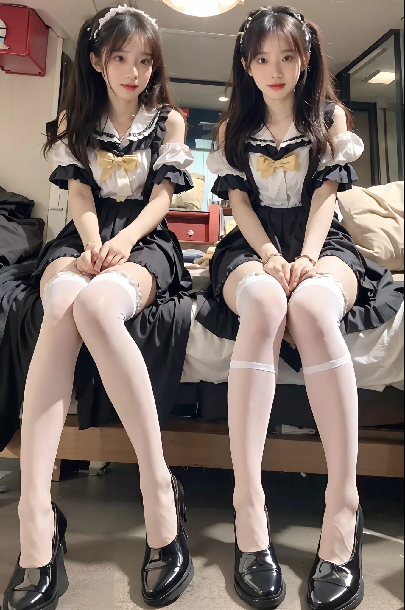 Best quality at best，tmasterpiece，超高分辨率，Textured skin，The is very detailed，awardwinning，high detal，（realisticlying：1.4），teens girl，Juvenile，Clear eyes，looks into camera，Pupil correction，A detailed eye，Precise eye structure，Clear faces，Wearing white stockings，Accurate leg structure