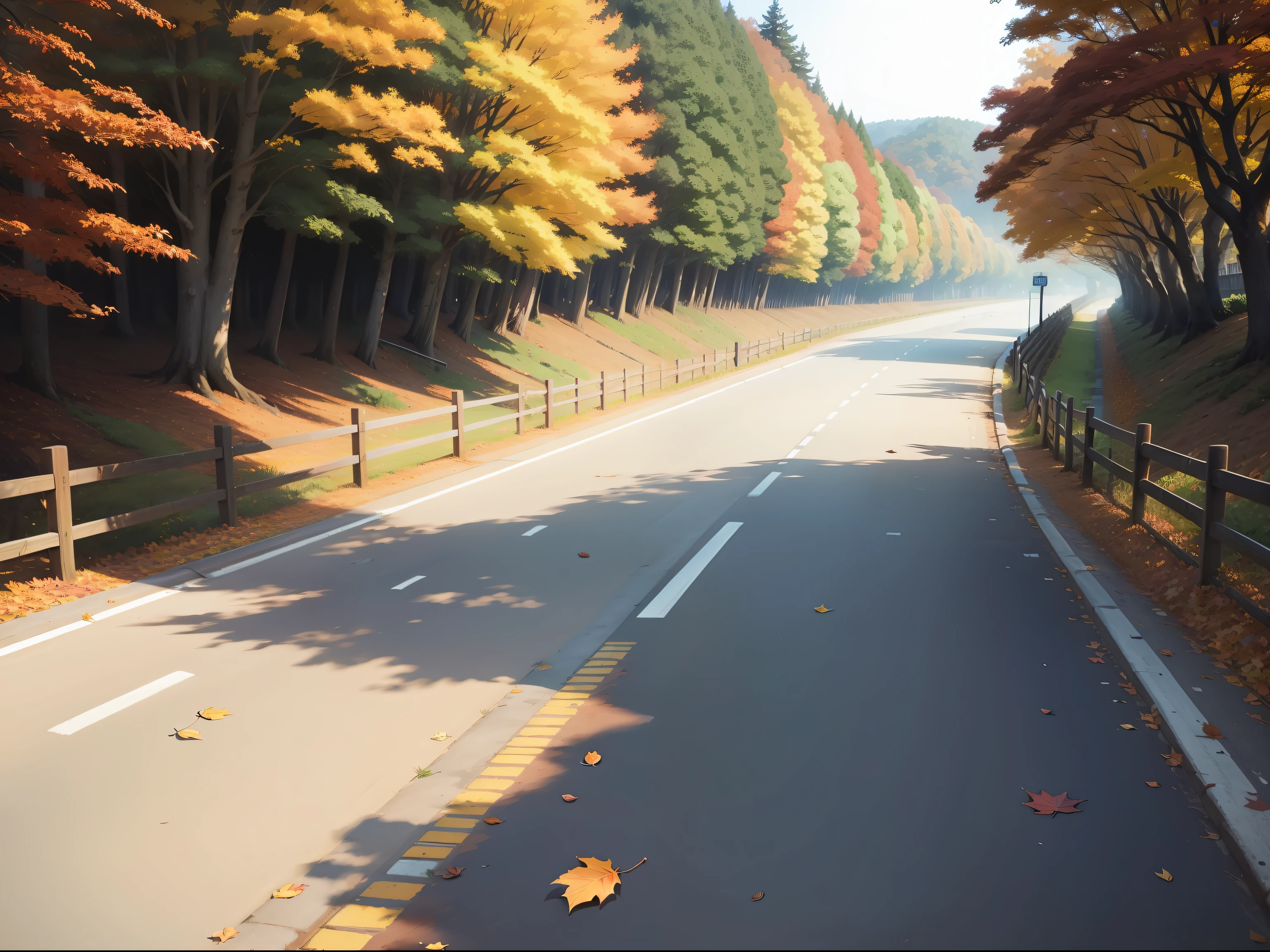 Autumn fallen leaves road fence Miyazaki style
