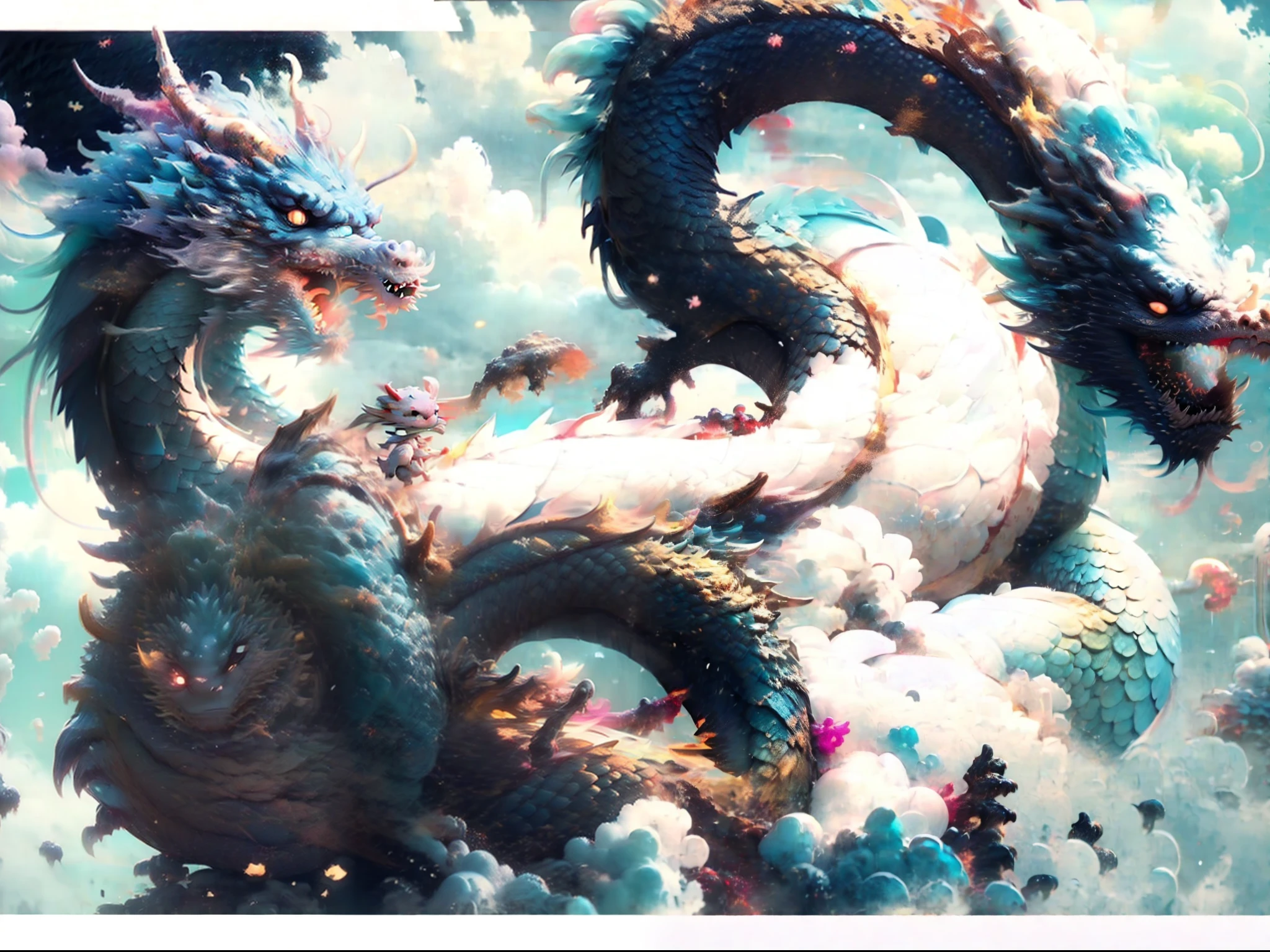 ((best qualtiy)), ((tmasterpiece)), (the detail:1.4), 3D cute baby, The beautiful cyan dragon has a cute child on its back,Surrounded by auspicious clouds,The child on the back of the cyan dragon smiled cutely,White auspicious clouds surround the cyan dragon and the cute child,hdr(HighDynamicRange),Ray traching,NVIDIA RTX,Hyper-Resolution,Unreal 5,Subsurface scattering、PBR Texture、post-proces、Anisotropy Filtering、depth of fields、maximum definition and sharpness、Many-Layer Textures、Albedo e mapas Speculares、Surface coloring、Accurate simulation of light-material interactions、perfectly proportions、rendering by octane、Two-colored light、largeaperture、Low ISO、White balance、the rule of thirds、8K raw data、
