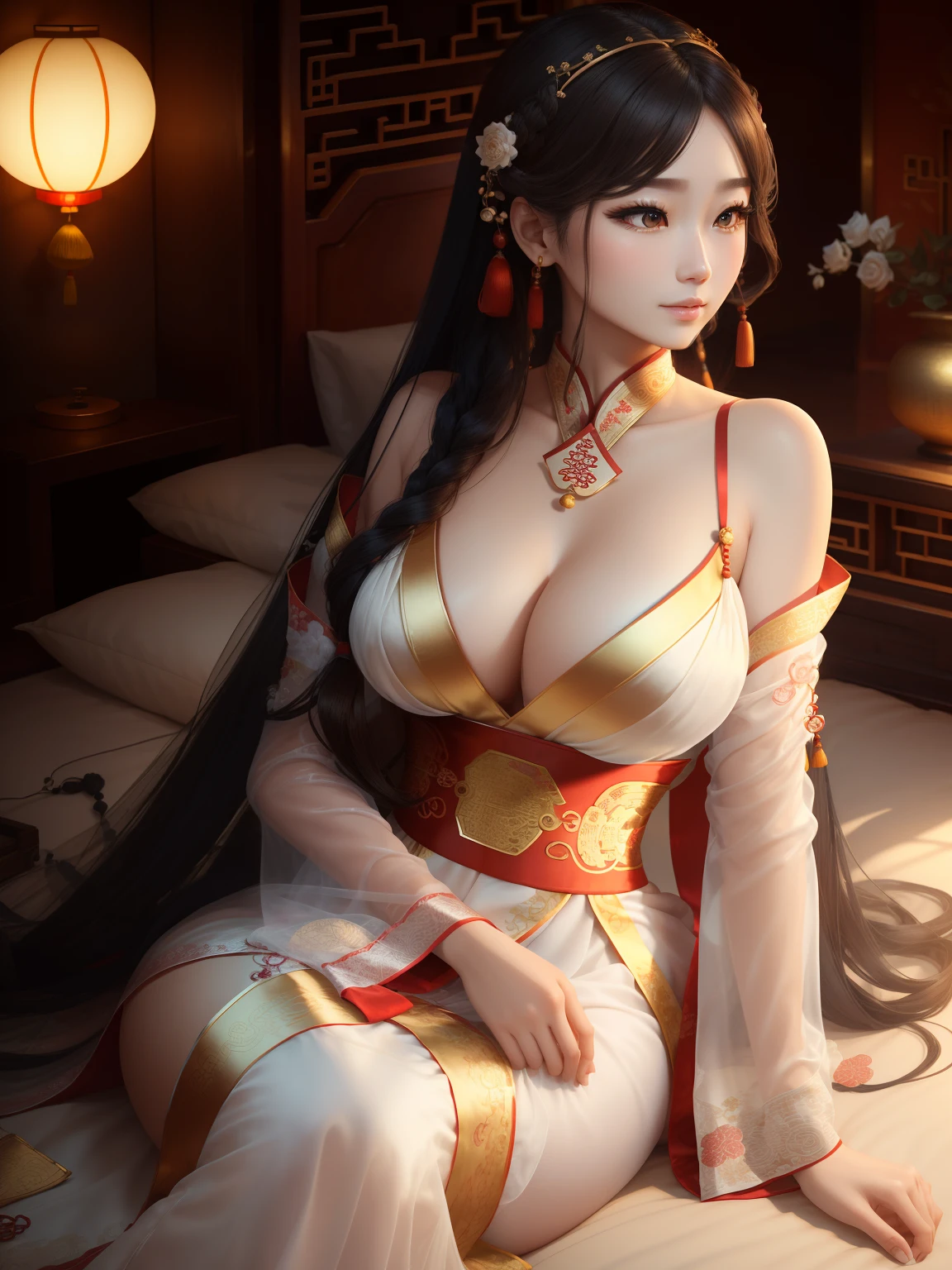 best qualityer,tmasterpiece,A high resolution,(Couple Cugging),(Hanfu:1.2),(Gold thread stitching:1.1),White translucent silk Hanpeng,(Translucent silk:1.3),(Inside an ancient Chinese palace:1.2),,cparted lips,shift dresses,(hair adornments:1.2),(Ancient Chinese bed:1.3),,long whitr hair,medium boob,,exquisite and beautiful eyes,Delicate lashes,beautiful face,upon_body,Tyndall effect,(realisticlying:1.2),edge lit,twotonelighting,(highdetailskin:1.2),8K UHD,digital SLR camera,softlighting,high qulity,volumettic light,snapshot,(photore:1.1),A high resolution,supreme,A high resolution,detailed eyelashes,beauitful face,body,Tyndall effect,twotonelighting,(highdetailskin:1.2),8k ultra high definition,the soft light,high high quality,Volumetriclighting,Candid shooting,(low angle shot:1.1),(Men and women lying in bed),Raised sexy,gallant woman。,(Seductive smile:0.8),huge tit,cleavage --auto