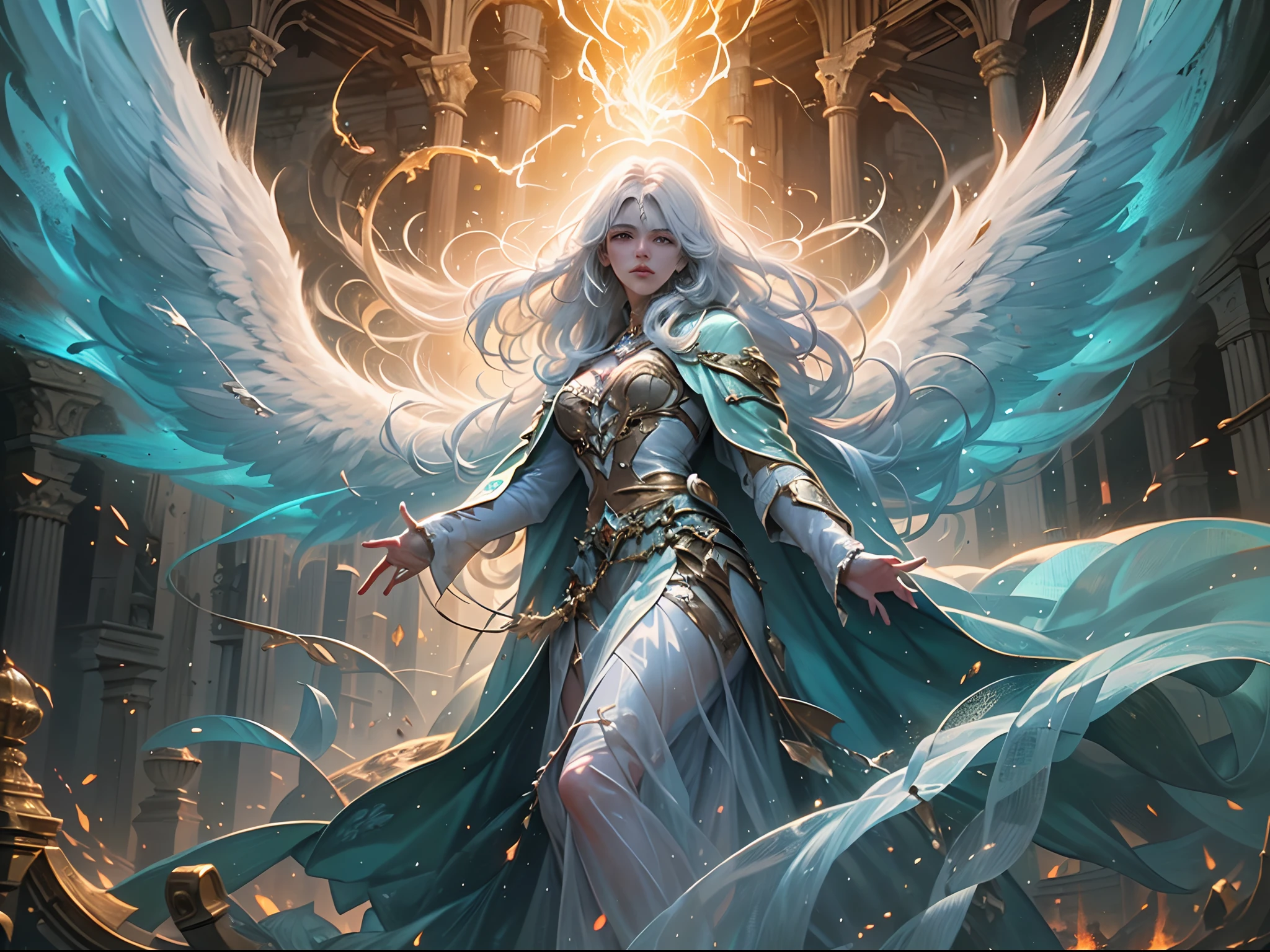 arafed high details, best quality, 8k, [ultra detailed], masterpiece, best quality, (extremely detailed), dynamic angle, ultra wide shot, photorealistim, RAW, fantasy art, dnd art, fantasy art, realistic art, a wide angle picture of a female aasimar sorceress casting a lightning spell, full body  (intense details, Masterpiece, best quality), D&D aasimar, exremley beautiful female aasimar, silver hair, long hair, wavy hair, dynamic eyes color, angelic eyes, radiant magical eyes, ultra detailed face (intense details, Masterpiece, best quality), spread angelic wings, white angelic wings (intense details, Masterpiece, best quality),  wearing [black] robe, wearing blue cloak, long cloak, flowing cloak with lightning motifs (intense details, Masterpiece, best quality), armed with magical staff (intense details, Masterpiece, best quality), manipulating lightning magical energy (intense details, Masterpiece, best quality), controlling lightning, dark fantasy magical tower background, evil temple background (intense details, Masterpiece, best quality), ready for action