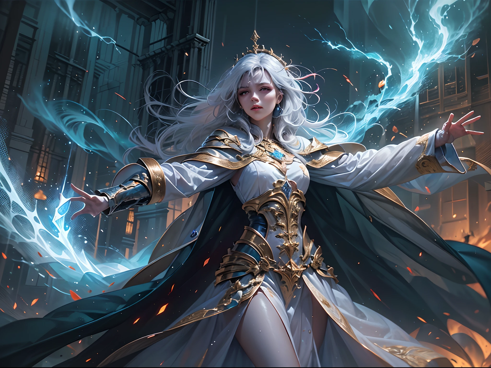 arafed high details, best quality, 8k, [ultra detailed], masterpiece, best quality, (extremely detailed), dynamic angle, ultra wide shot, photorealistim, RAW, fantasy art, dnd art, fantasy art, realistic art, a wide angle picture of a female aasimar sorceress casting a lightning spell, full body  (intense details, Masterpiece, best quality), D&D aasimar, exremley beautiful female aasimar, silver hair, long hair, wavy hair, dynamic eyes color, angelic eyes, radiant magical eyes, ultra detailed face (intense details, Masterpiece, best quality), spread angelic wings, white angelic wings (intense details, Masterpiece, best quality),  wearing [black] robe, wearing blue cloak, long cloak, flowing cloak with lightning motifs (intense details, Masterpiece, best quality), armed with magical staff (intense details, Masterpiece, best quality), manipulating lightning magical energy (intense details, Masterpiece, best quality), controlling lightning, dark fantasy magical tower background, evil temple background (intense details, Masterpiece, best quality), ready for action