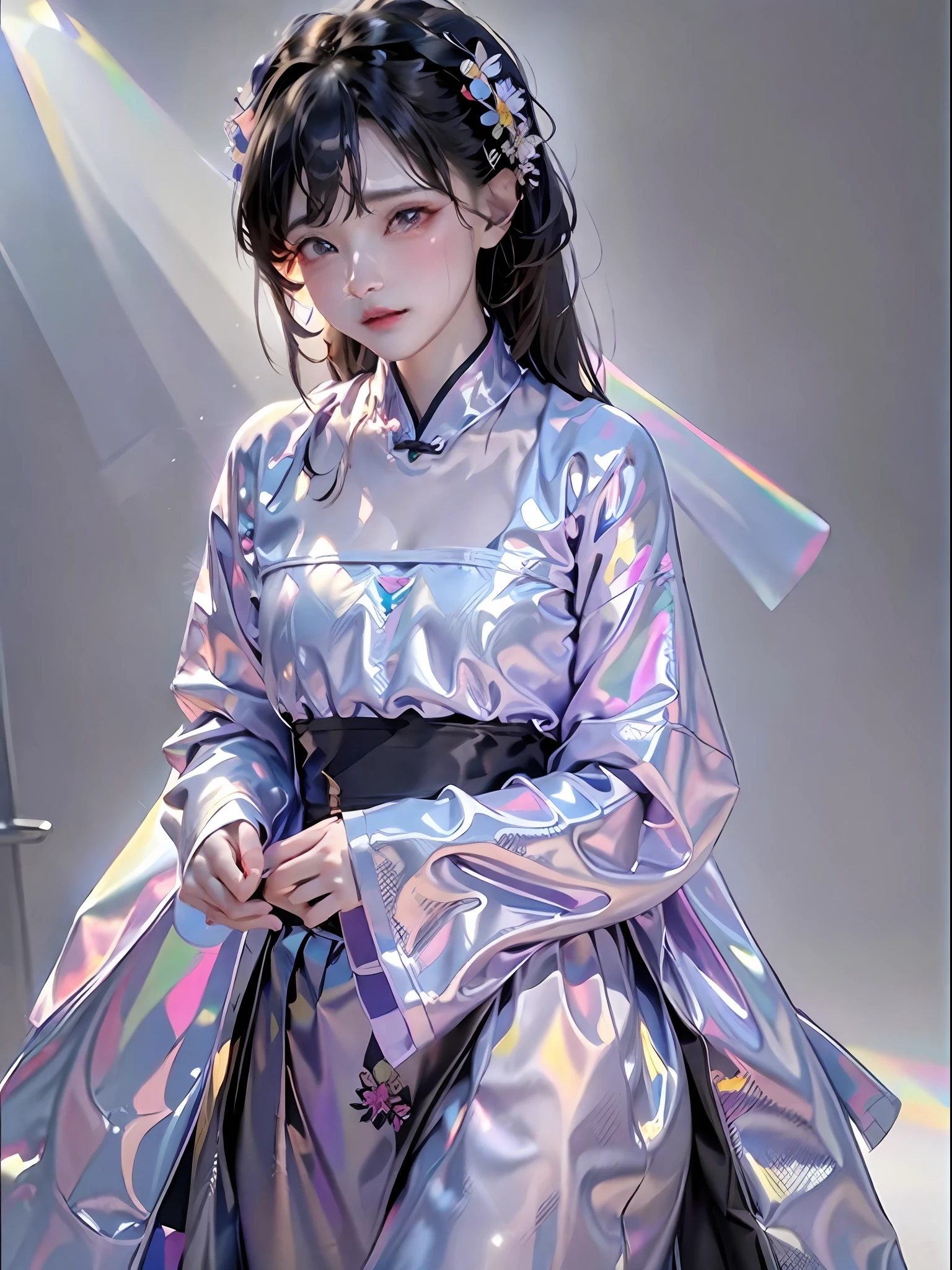 masterpiece, black_hair, 1 girl, looking at the audience, long_hair, nail_polish, solo, ancient art, Chinese,(8k, best quality, masterpiece:1.2), (realistic, realistic:1.2), (background sky: 1.2), (face close-up: 1.7), looking at the audience, hanfu, 1girl, (purple flower pine ink: 1.1), face close-up, detailed face, hanfu, song, long shan, pleated skirt，cinematic lighting, motion blur, ray tracing, god rays, bloom, drop shadow, close-up, lens flare, UHD, masterpiece, ccurate, anatomically correct, textured skin, super detail, high details, high quality, award winning, best quality, highres, 16k, HD, face close-up, close-up, close-up, accurate, correct hand, (anatomically correct: 1.5),