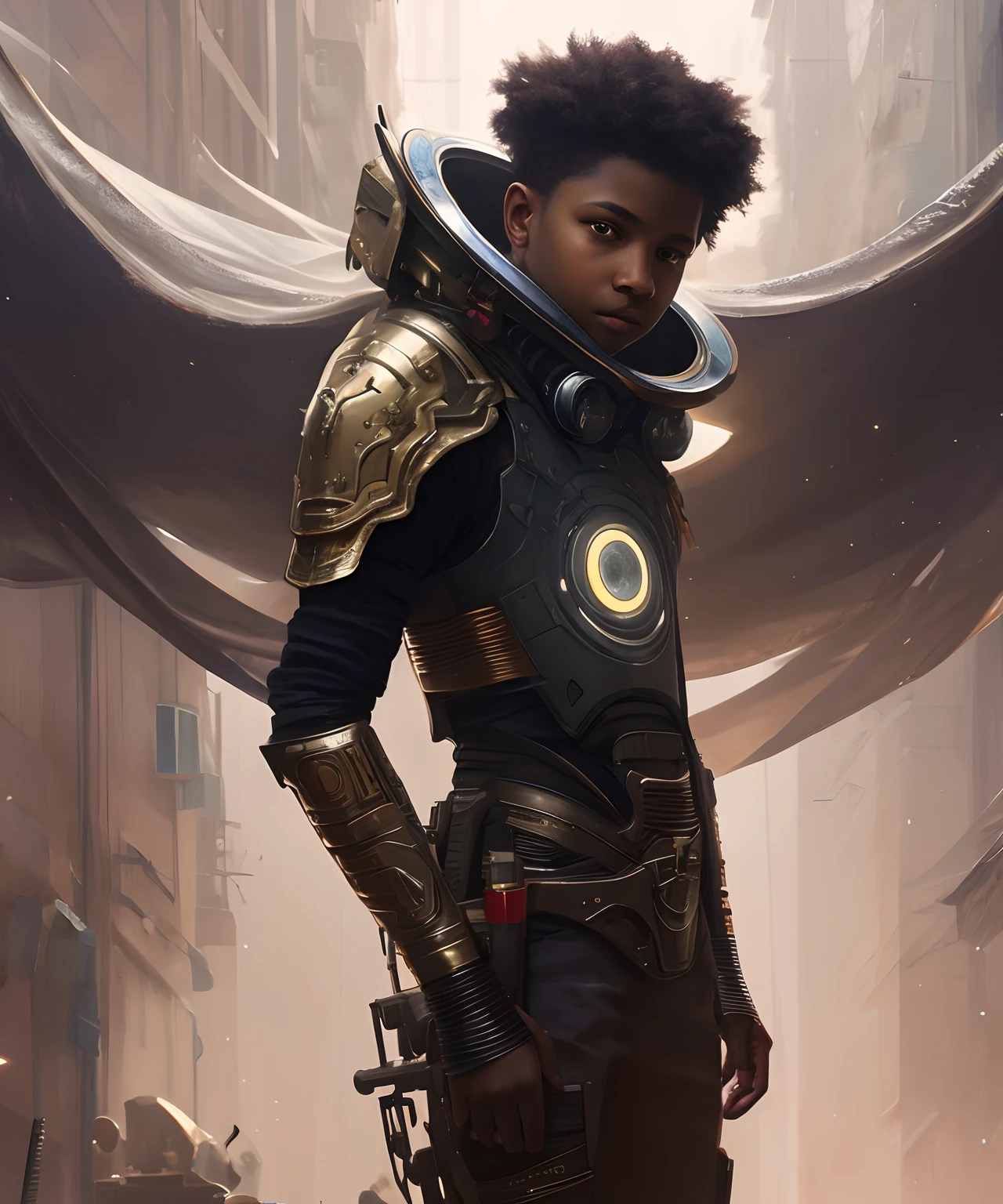 (extremely detailed photo 8k), full body shot photo of the most beautiful artwork in the world, attractive 14 year old African American boy, (wearing elegant colorful futuristic clothing), cinematic lighting, very detailed face and eyes, (elaborate sci fi fantasy interior background), high-quality photo, photorealistic painting by Atey Ghailan, Studio Ghibli, by Jeremy Mann, Greg Manchess, Antonio Moro, trending on ArtStation, trending on CGSociety, Intricate, High Detail, Sharp focus, dramatic, photorealistic painting art by midjourney and greg rutkowski