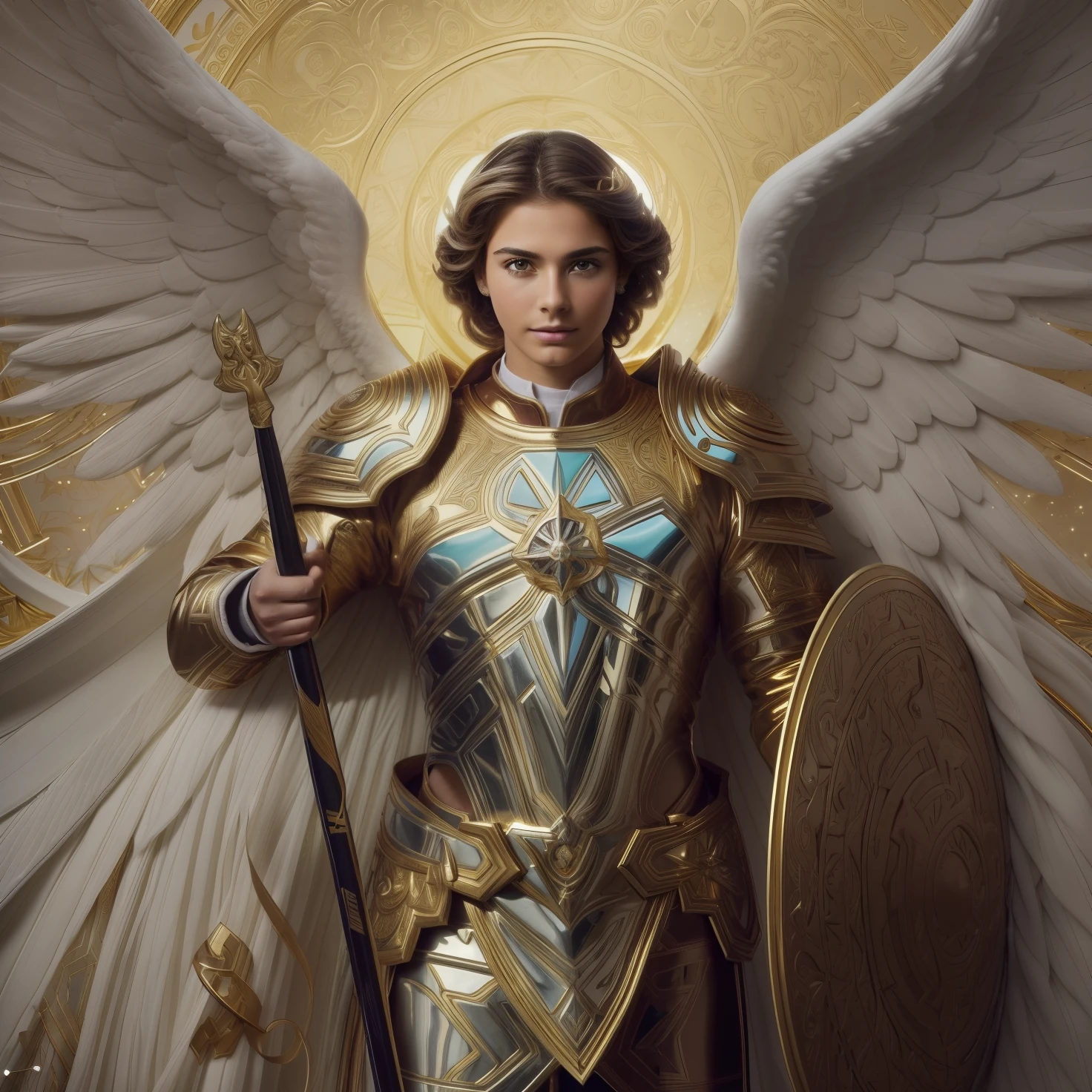 ((SAINT MICHAEL ARCHANGEL. 19 years old))) ((( Con una cara seria y piadosa. Con una mirada dulce y tierna))) (obra maestra, calidad superior, mejor calidad, arte oficial, beautiful and aesthetic: 1.2), (1girl), extremadamente detallado, (Arte fractal: 1.3), colorido, highest detailed, Cara perfecta, parte superior del cuerpo, HDR, (orando: 1.3), (golden lines of white coat: 1.2), galaxia, (rayas de luz), eye-catching visuals, (dynamic stripes, senderos luminosos: 1.2), colores vibrantes,