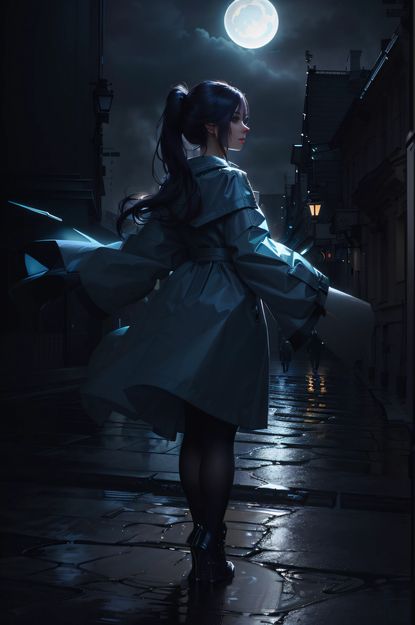 There was a woman in a raincoat walking down the street, Guviz-style artwork, Cinematography concept art, elegant cinematic pose, NeoArtcore和Charlie Bowater(charlie bowater), Ross Tran 8 K, Beautiful and cinematic lighting, (rendering by octane) Fantasy style, Loish et WLOP, in style of wlop