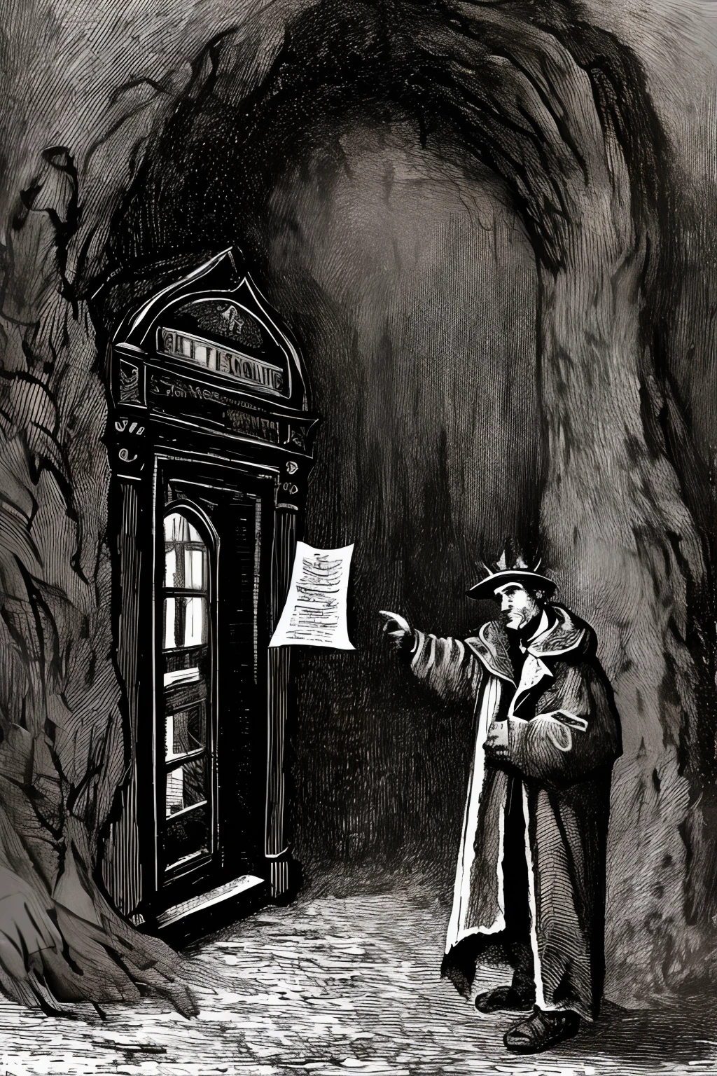 realista (Illustration of a book:1.1) de (o inferno:1.3) , intricate composition , , detalhado, epic stark lighting, Estilo Gustavedore, homem estilo Matt smith (com jaqueta e gravata borboleta), next to a phone booth