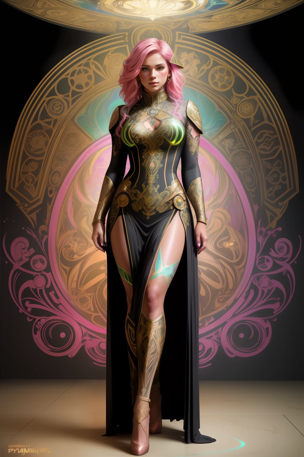 tattooed futuristic latina milf fairy, full body length standing of a photorealistic beautiful woman, character sheet, proportionate, intense coloration fantasy, light hair, a stunning realistic photograph 20 years , bubblegum pink colored hair, upper class fashion, green color eyes, full body, cover, dress design has fractal pixy dust and tiling features, hyperdetailed painting, luminism, octane render, Bar lighting, complex, {{Martin Ansin}}, 8k resolution concept art portrait by Martina Fačková and Prywinko Art, Artgerm, WLOP, Alphonse Mucha, little fusion pojatti realistic steampunk, fractal isometrics details bioluminescence : hypereallistic cover photo awesome full color, hand drawn, dark, gritty, realistic mucha, klimt, davinci, erte .12k, intricate. hit definition , cinematic,Rough sketch, mix of bold dark lines and loose lines, bold lines, on paper , real life human, bold colors on dresses,