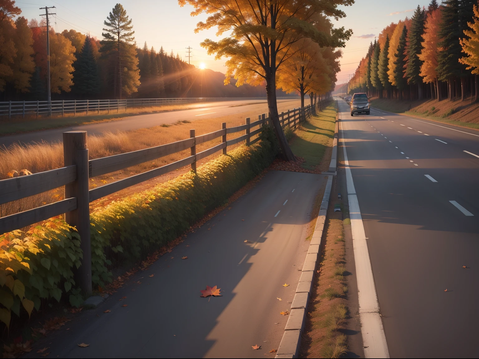 Autumn leaf sunset roadside fencing
