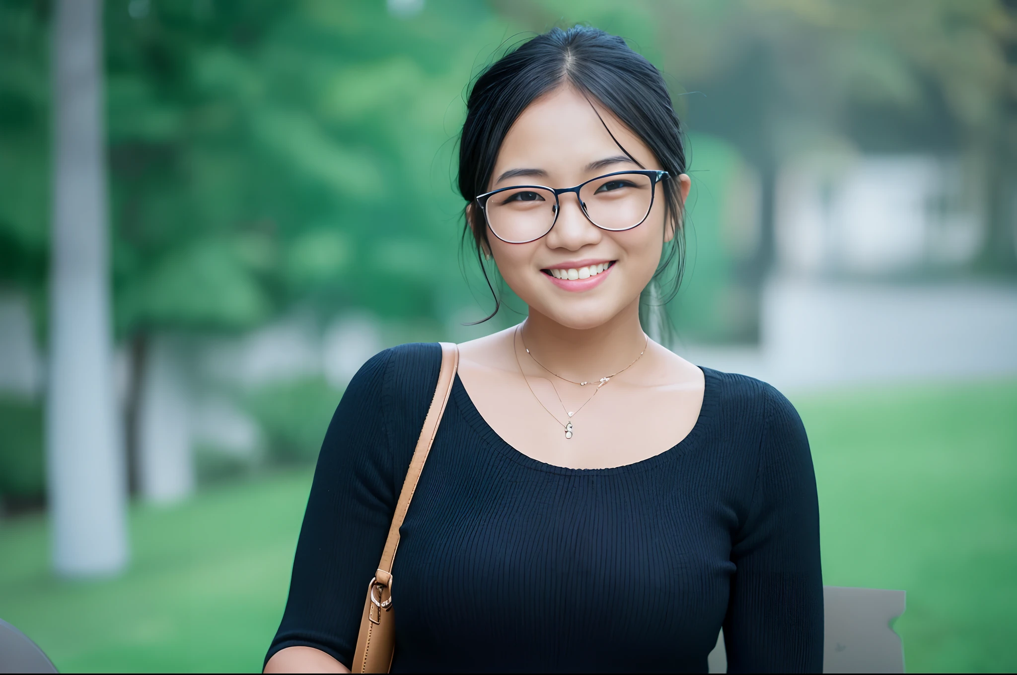 Smiling woman in black dress,Glasses and a tan wallet, A young Asian woman, Young Asian woman, mai anh tran, Young Asian girl, An Asian woman, photo of young woman, Student, a girl with round glasses, smiling young woman, nivanh chanthara, , south east asian with round face, Asian female, and she smiling,Very happy