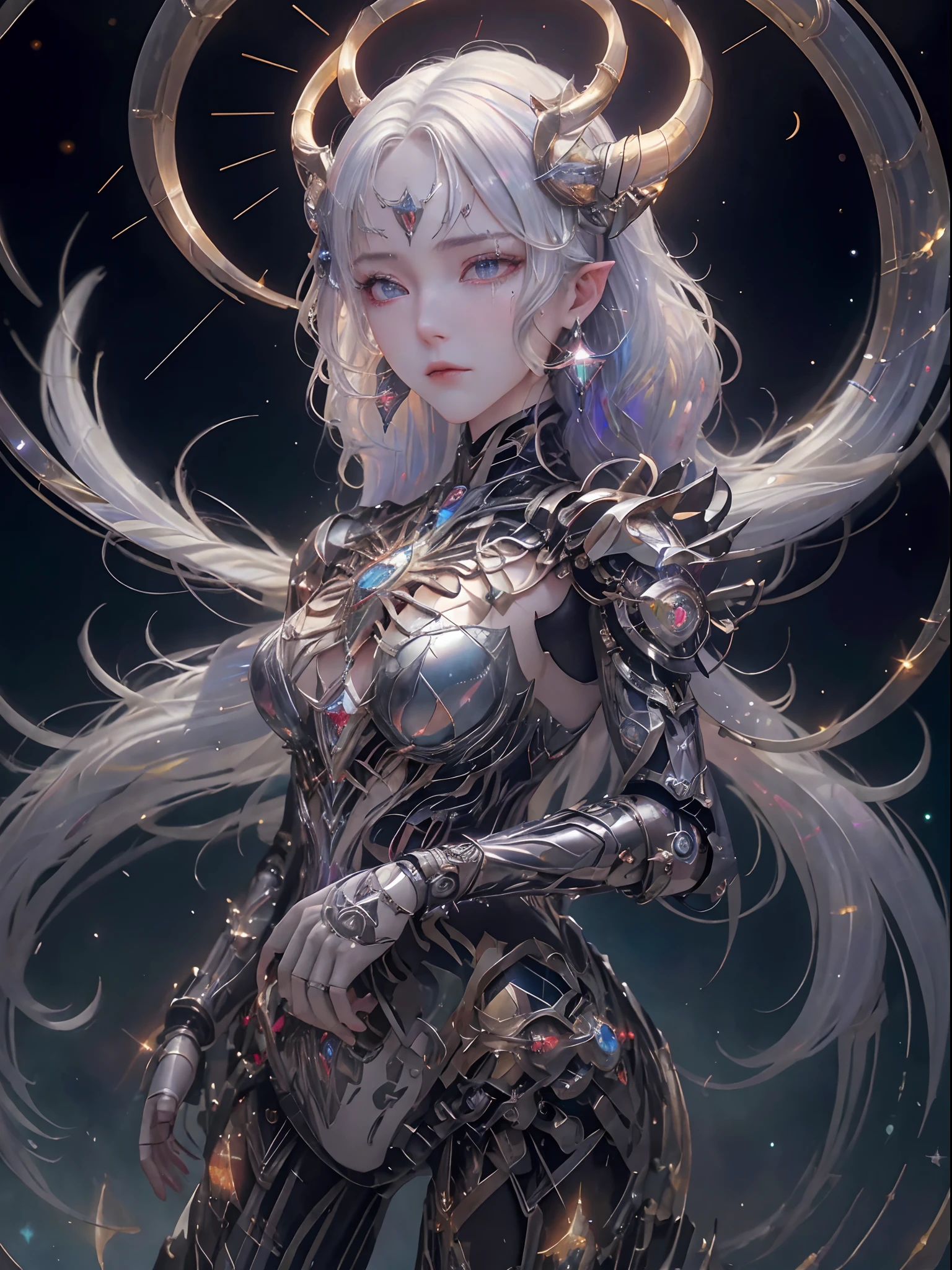 cowboy shot, caustics,reflection,ray tracing,demontheme,nebula,dark aura,cyber effect, (1girl:1.4),solo,alone,mecha musume,mechanical parts, robot joints,single mechanical arm, headgear, mechanical halo,star halo,intricate mechanical bodysuit, mecha corset, kimono, full armor, very long hair,white hair, hair between eyes, multicolored hair, colored inner hair, red eyes,glowing eye,eye trail, random expressions,random action, ancient japanese architecture,pond, starry sky,skyline,