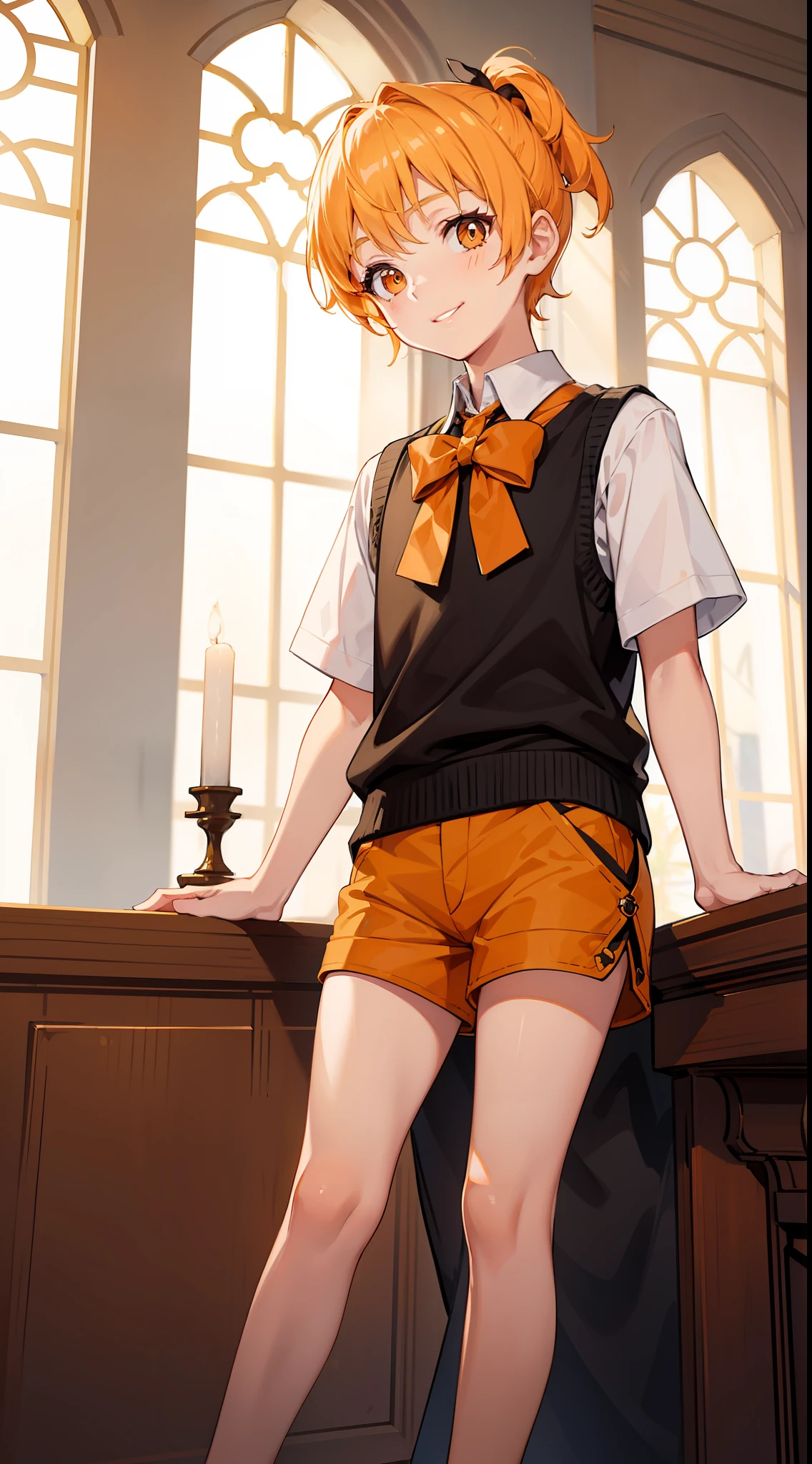little boy, short blonde hair, high ponytail, Orange Eyes, Smile, Aristocrat's shirt, Shorts, Masterpiece, hiquality