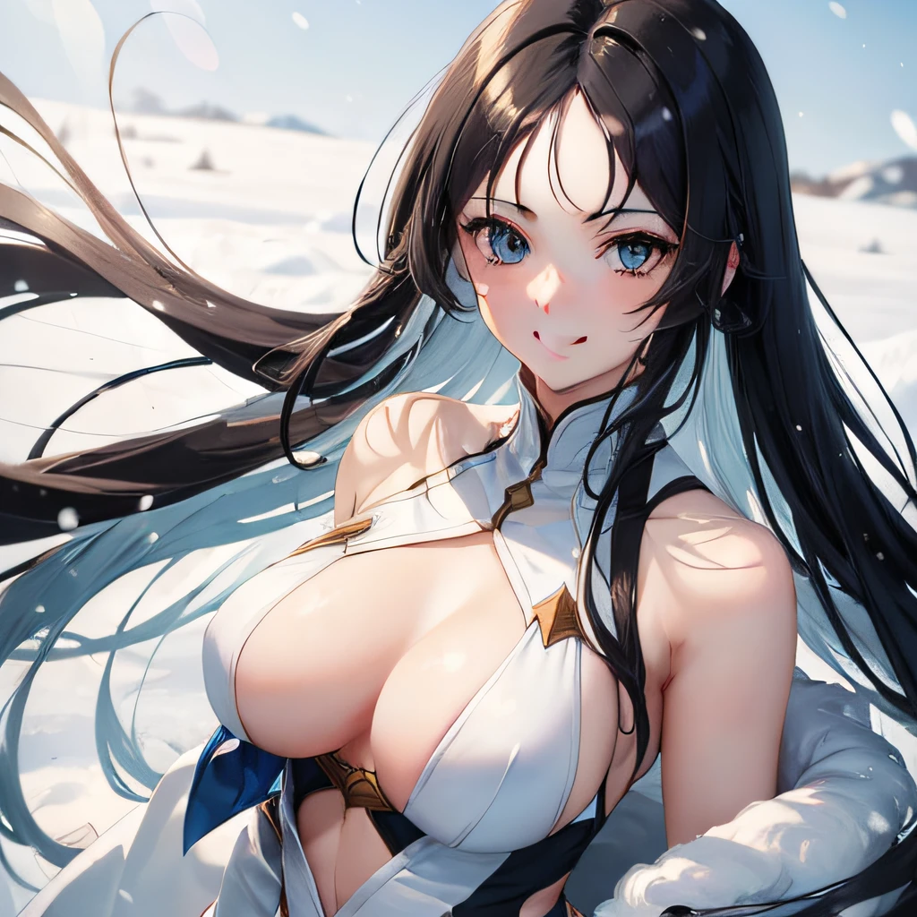 ((((masterpiece)))), best quality, anime, a girl, white skin, long hair, blue-black hair, straight hair, blue eyes, surrounded by snow, (forehead), flowing hair, stretching, grin