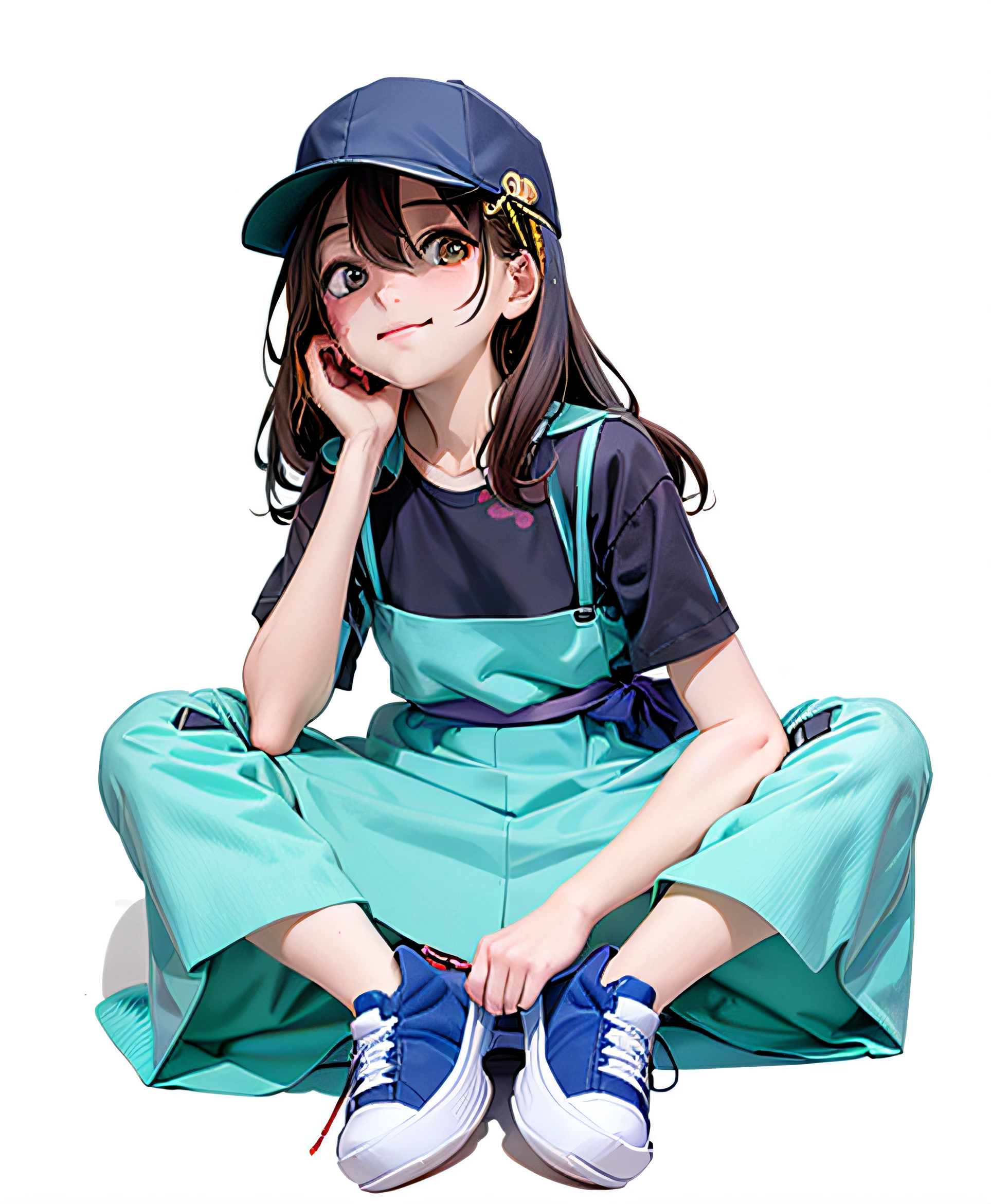 Anime girl sitting on the ground，hand on chin, anime moe art style, anime visual of a cute girl, (Anime girl), saori, honest, Marin Kitagawa fanart, New Xiangcheng, Smooth anime CG art, iwakura lain, anime full body illustration, Casual pose, made with anime painter studio, High Quality Anime Art Style