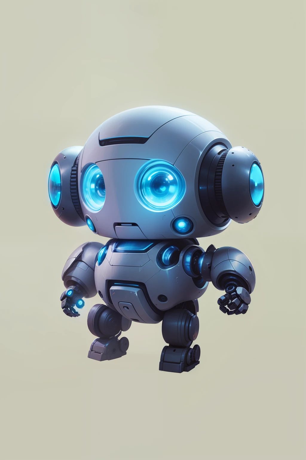 a cute little robot, kid size, short stature, round big body without waist, two blue eyes, cute robotic face, two robotic ear, front facing view, proportionate head and body, neutral gender