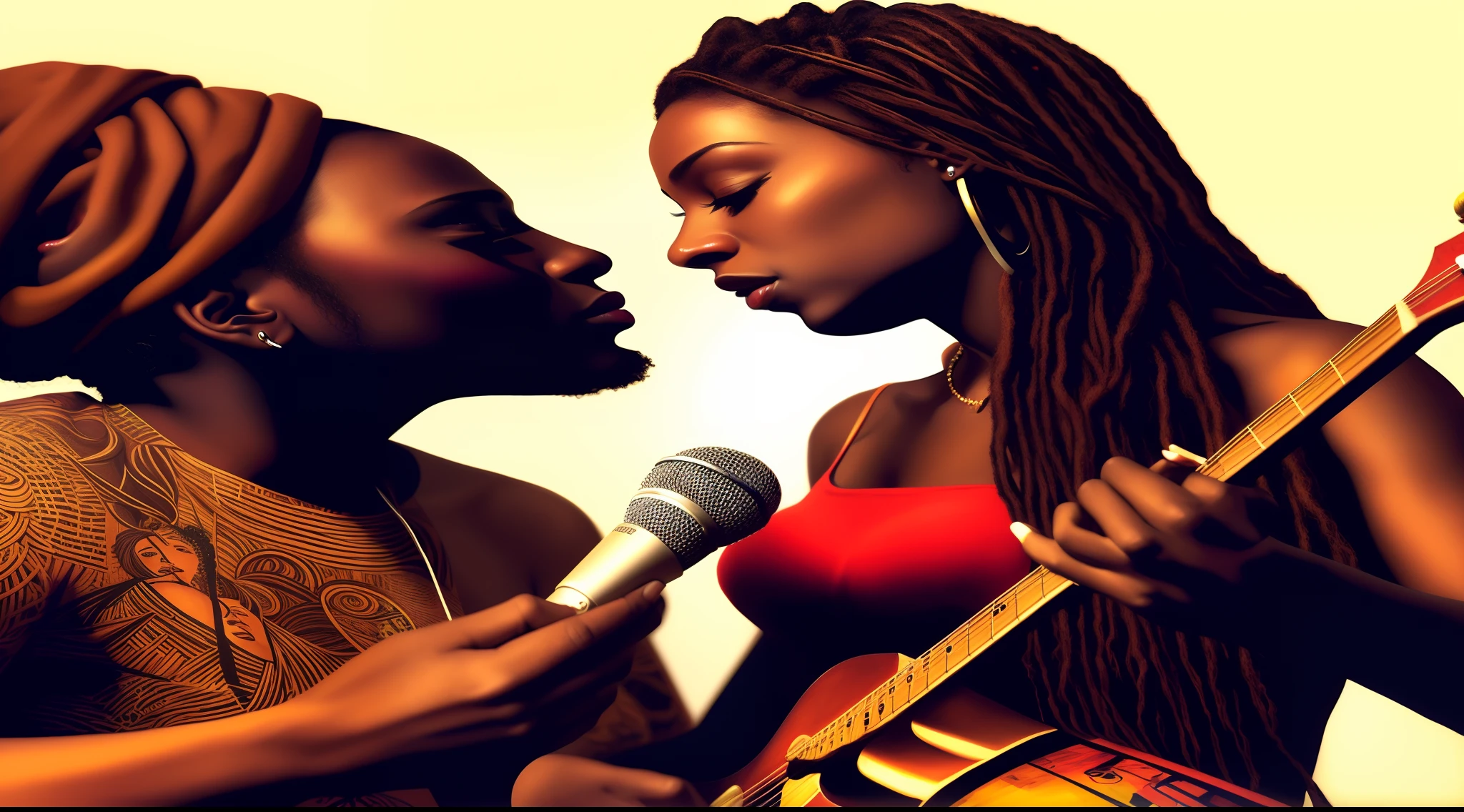 pintura de um homem e uma mulher cantando em um microfone, Directed by: Chinwe Chukwuogo-Roy, arte raggae, beautiful artwork, arte de alta qualidade, por Ella Guru, Artistic illustration, Artes Africanas, magia negra, Album art, musicians, comissionado, dramatic artwork, Arte digital, Arte Promocional, artistic depiction, jamming to music, arte bonita, Reggae