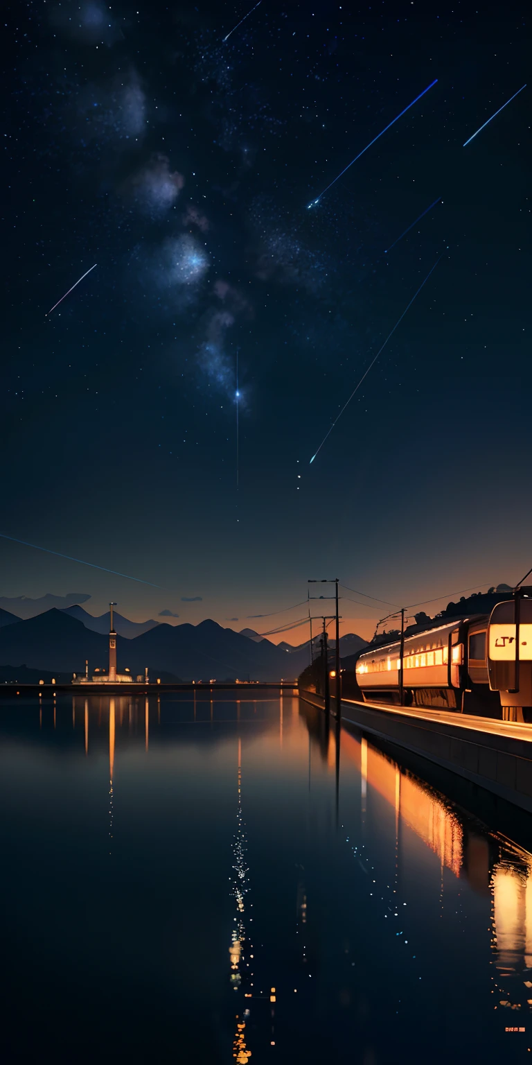 High quality masterpiece ,scenecy,Anime train passing through bodies of water on tracks, Glittering starry sky。Romantic train,pixiv,concept-art,Lofi art style,Reflectors。 by makoto shinkai, lofi art, beautiful anime scenes, Anime landscapes, Detailed scenery —width 672, in style of makoto shinkai, style of makoto shinkai,Detail enhancement。meteor shower,Stones drift through the water