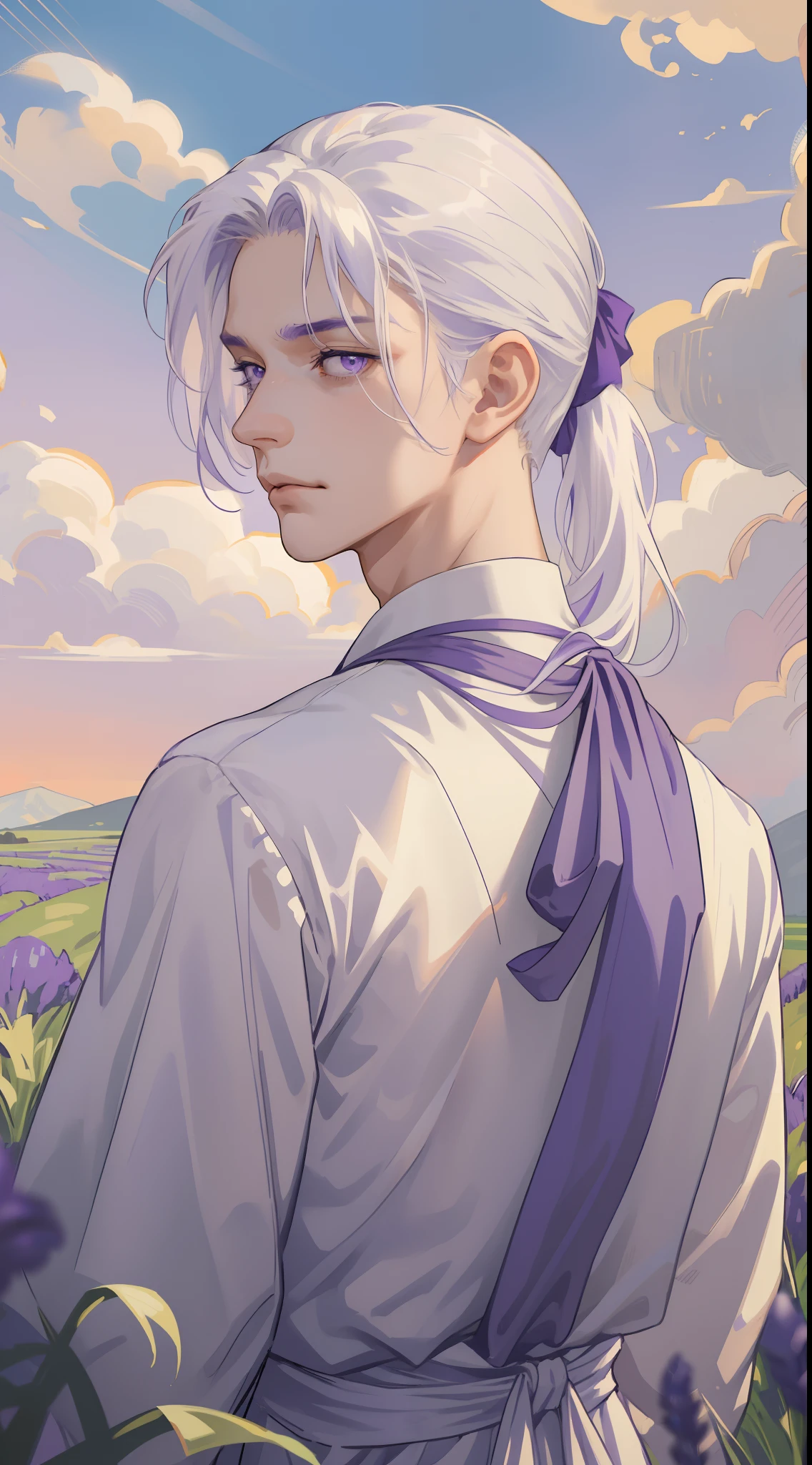 masterpiece, best quality, realistic, 1man, male focus, male model, tall muscular, handsome, closed mouth, simple clothes, portrait,extremely detailed face, low ponytail white hair, flying bangs, purple eyes, sky background, simple background, SIDE VIEW, looking at the viewers, view from the back, lavender field, MALE ONLY, MALE