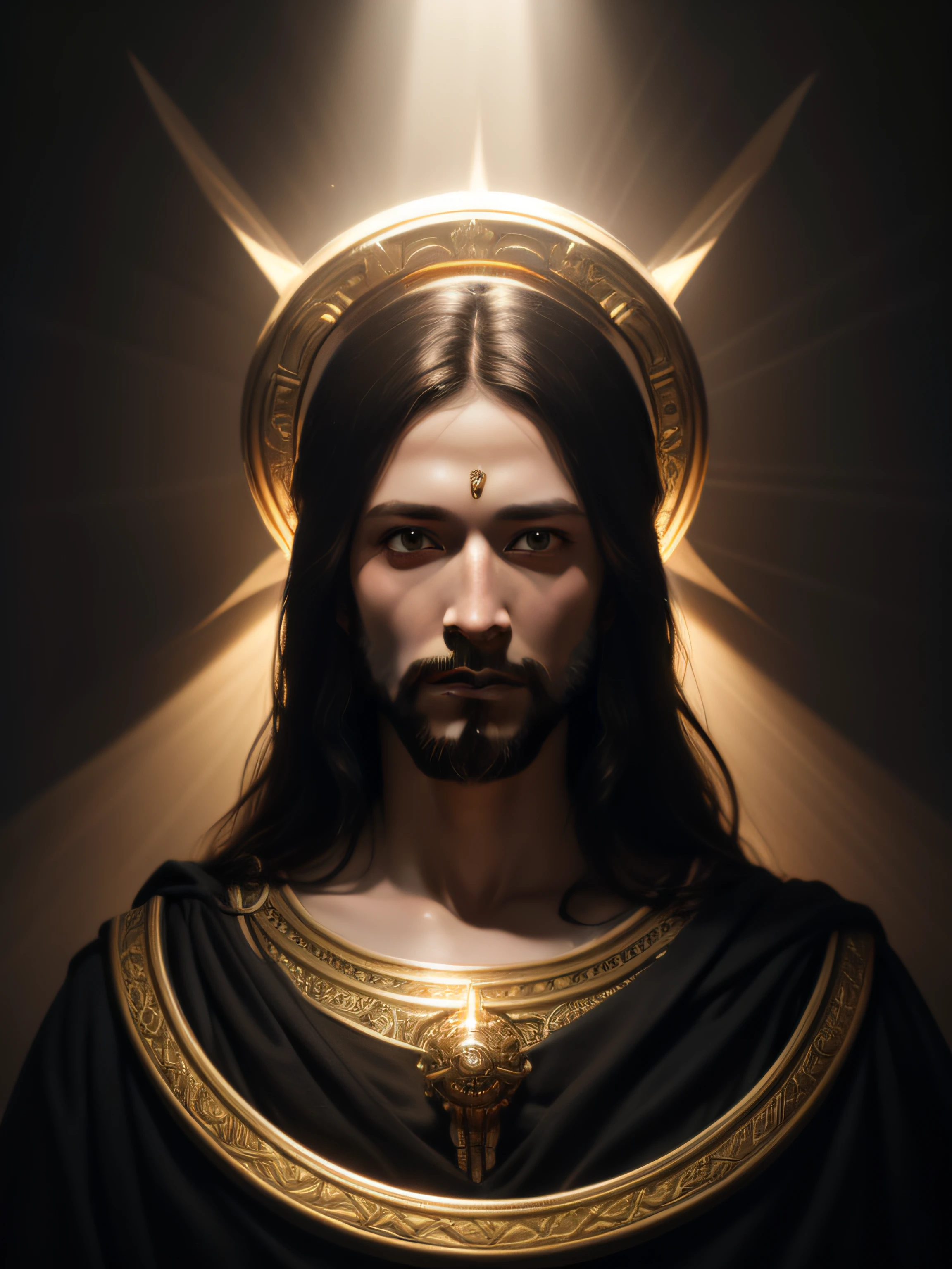 highly detailed portrait of a jesus christ sun god halo of light, gold, unreal engine, art by mark ryden, lostfish, earl norem, global illumination, god rays, detailed and intricate environment, elden ring style