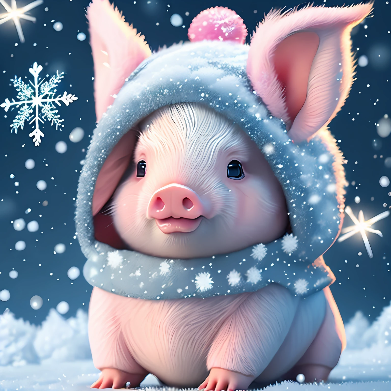 In this ultra-detailed CG art,Cute piglet surrounded by snowflakes,Snowflakes flying in the sky,Piggy wears a furry hat,Pork nose powder,Soft neon color,best qualtiy,A high resolution,Complicated details,fanciful,cute animal