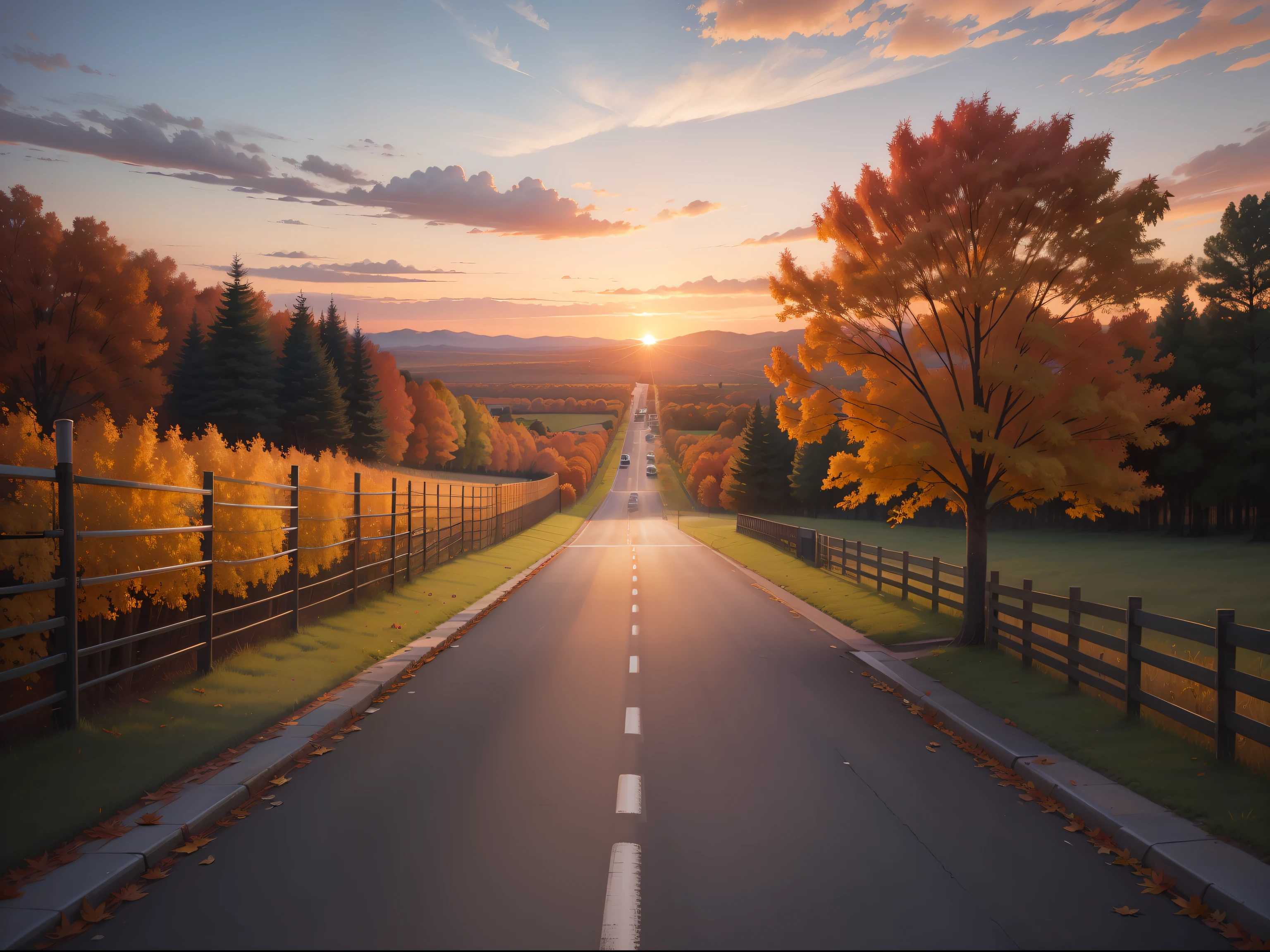 Autumn leaf sunset roadside fencing