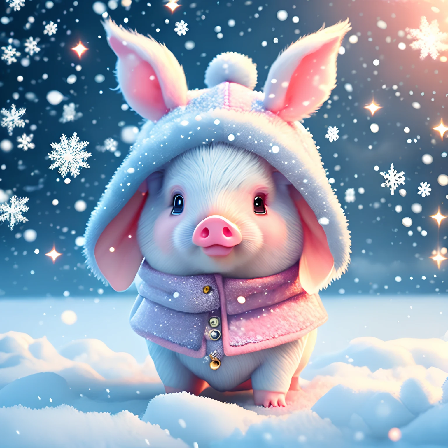 In this ultra-detailed CG art,Cute piglet surrounded by snowflakes,Snowflakes flying in the sky,Piggy wears a furry hat,Pork nose powder,Soft neon color,best qualtiy,A high resolution,Complicated details,fanciful,cute animal