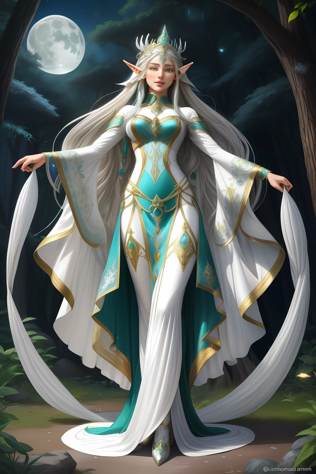 In the mystical realm of Eldoria, lives Lirelia, an elf of unmatched grace and beauty. Tall and slender at nearly 6 feet, her flawless alabaster skin seems to glow. Her flowing silver hair shimmers like moonlight and is adorned with moonstone and opal clips. Emerald eyes hold both ageless wisdom and a touch of sorrow. She wears garments woven from spider silk in forest and azure hues. Silver and moonstone jewelry symbolize her connection to nature and the moon goddess. Lirelia's movements are graceful and nearly silent, and her laughter sounds like gentle bells. As an elf devoted to tradition and magic, she embodies the timeless link between her people and their mystical land, Eldoria.