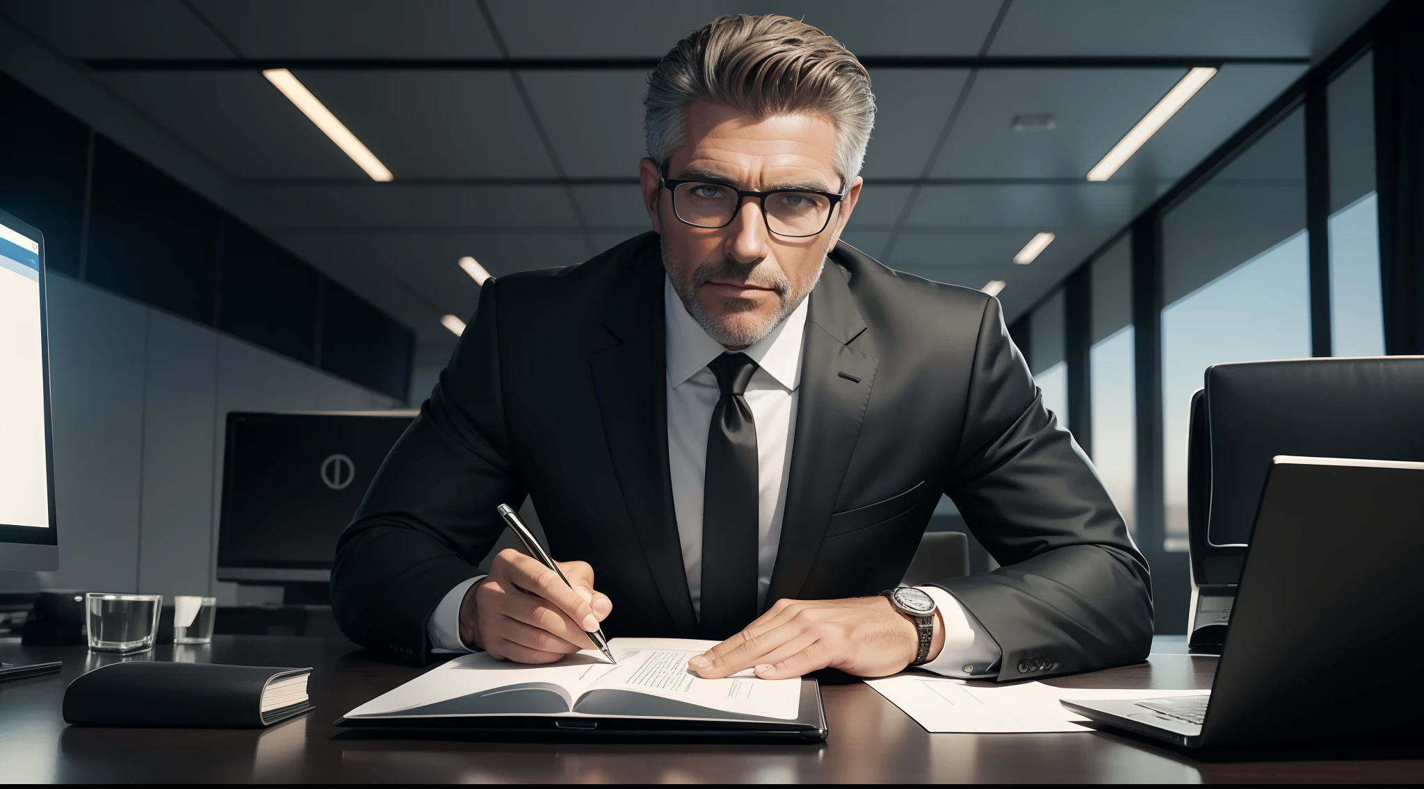here is Grant Cardone sitting frontal view close up at a desk with a laptop in a black suit,