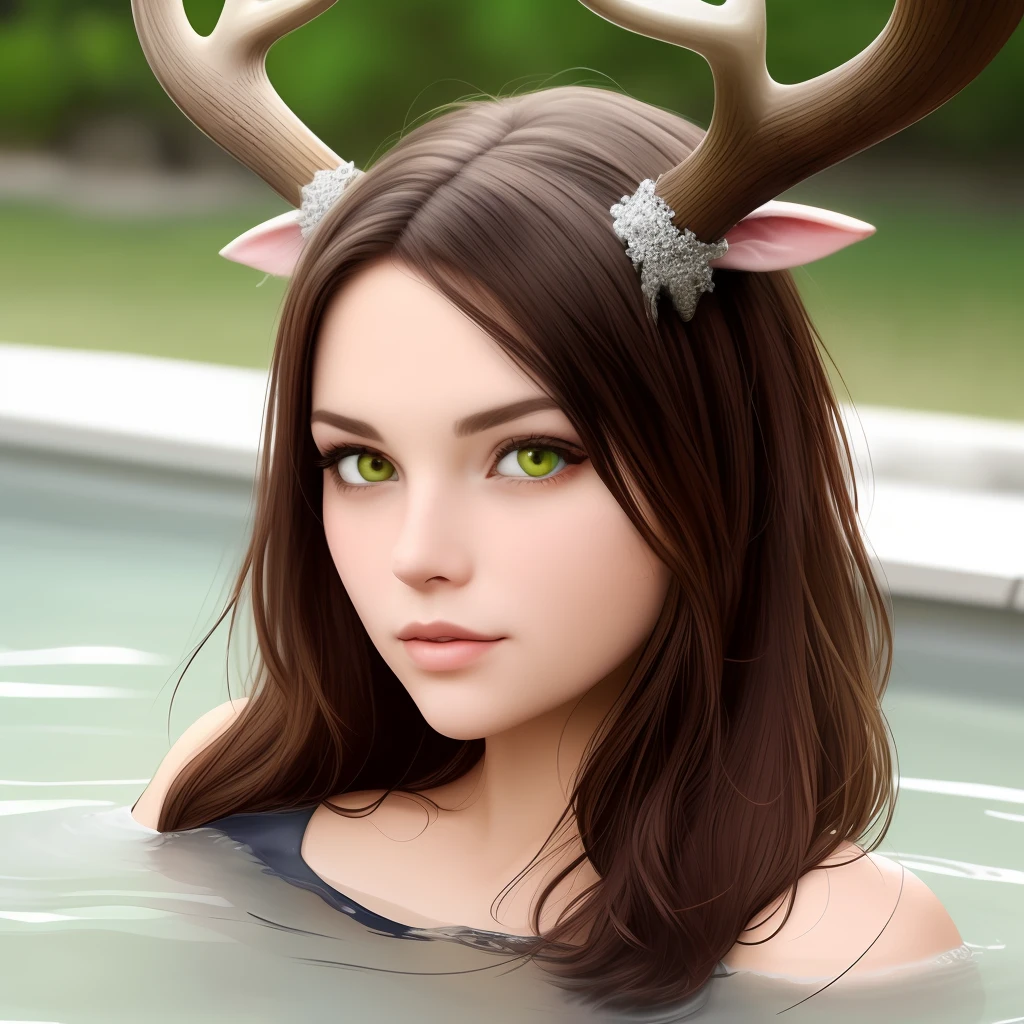 brown  hair，There are antlers and deer ears，Heterochromic pupils，The left eye is green，The right eye is blue，female pervert，quadratic element，Younger age，Soaking in hot springs