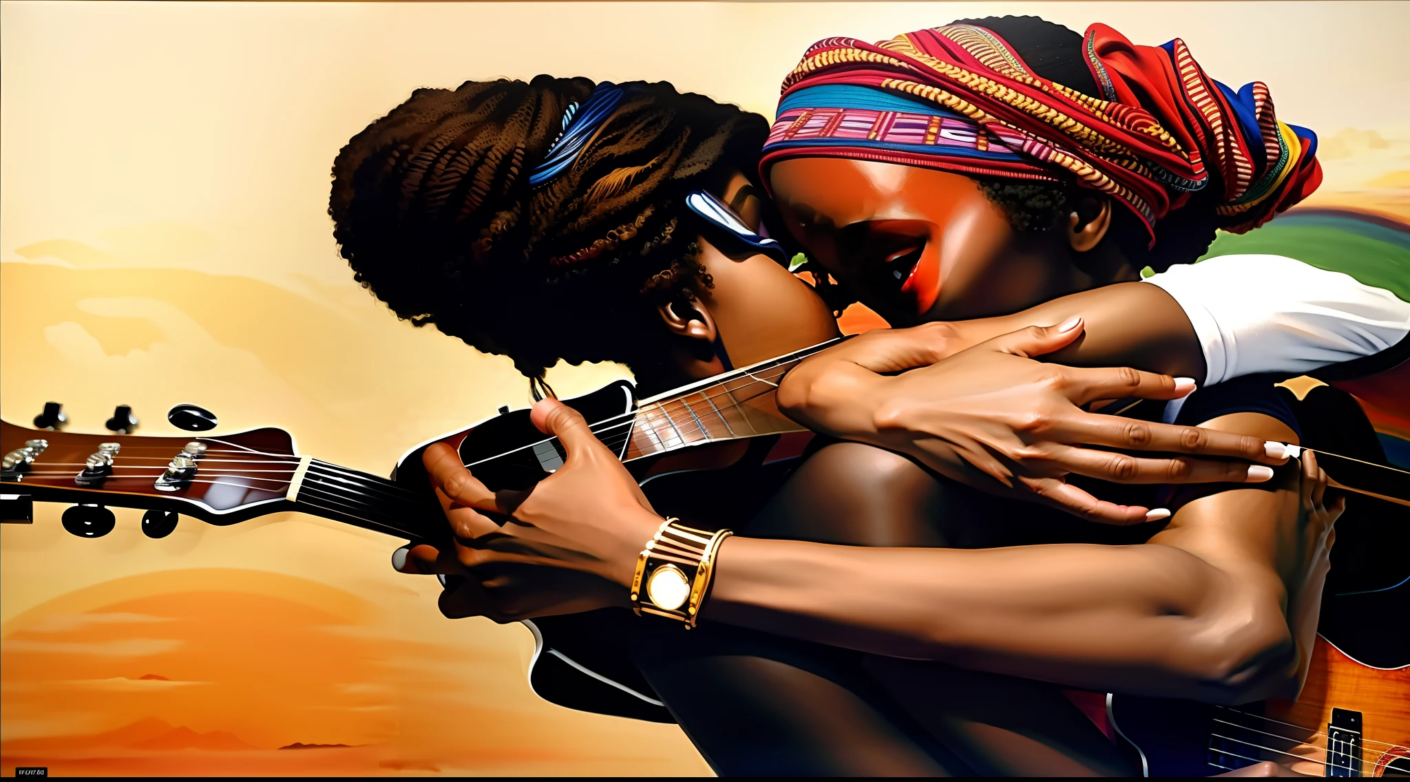 Painting of a couple embracing while playing guitar, lesbian embrace, hugging, lesbian art, Artes Africanas, beautiful artwork, arte bonita, magia negra, Directed by: Chinwe Chukwuogo-Roy, obras de arte impressionantes, loving embrace, arte raggae, dramatic artwork, arte deslumbrante, arte de alta qualidade, breathtaking art, arte linda, awesome art