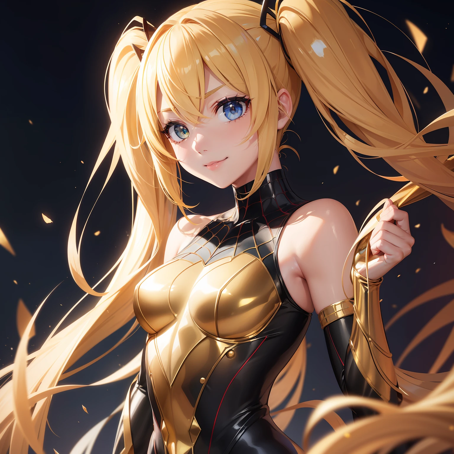combat scene、spiderwoman、Twin Tail Drill、a blond、(Raw photography、top-quality)、(realisitic、Photorealsitic:1.2)、1girl in、20yr old、A smile、(High Detail Skin:1.4)、Puffy eyes、Gorgeous hair、hightquality、Full-body figure、combat scene、Golden Spider-Man、Clothes are silver and gold、Hairstyle is twin tail drill、Eye color is blue、Hair color is gold paper　Spider suit