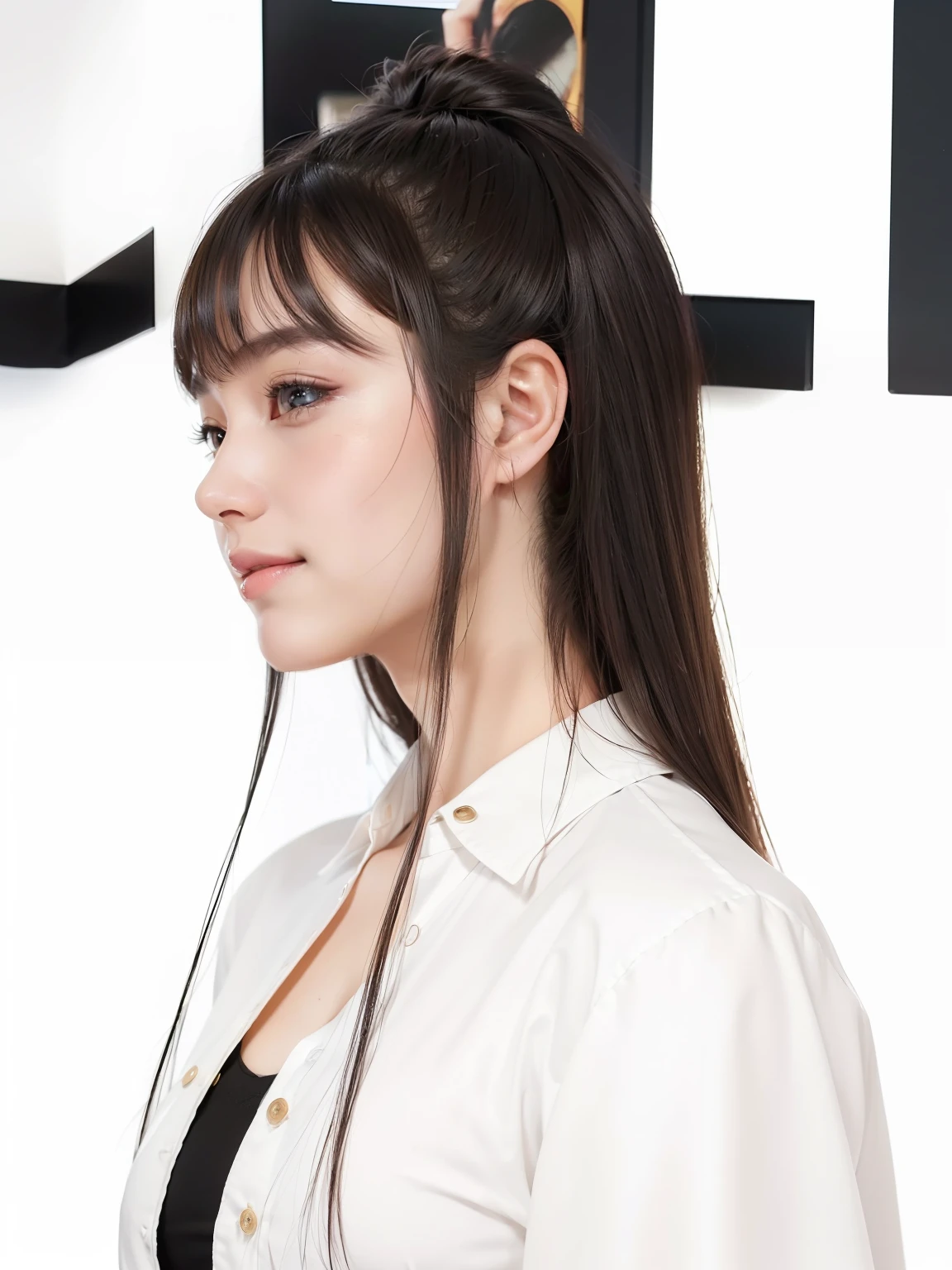 (8k, RAW photo, best quality, masterpiece:1.2), (realistic, photo-realistic:1.37), ultra-detailed, ultra high res,1 girl,looking at viewer,beautiful detailed face,smile,narrow,(slim waist:1.3),shirt, beautiful detailed skin, skin texture, floating hair,professional lighting,