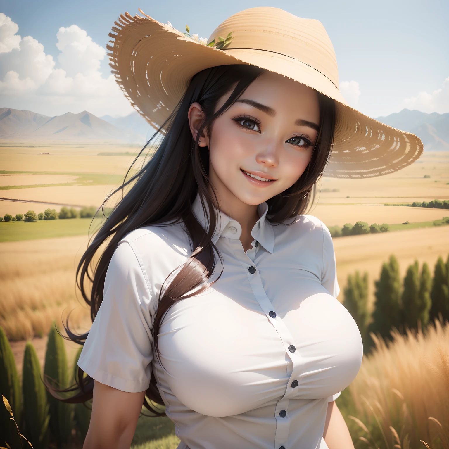 Woman in her mid-20s in white shirt。Lovely beauty of a smile。The background is the majestic Mongolian grassland。 Breasts are big。shirts is white。