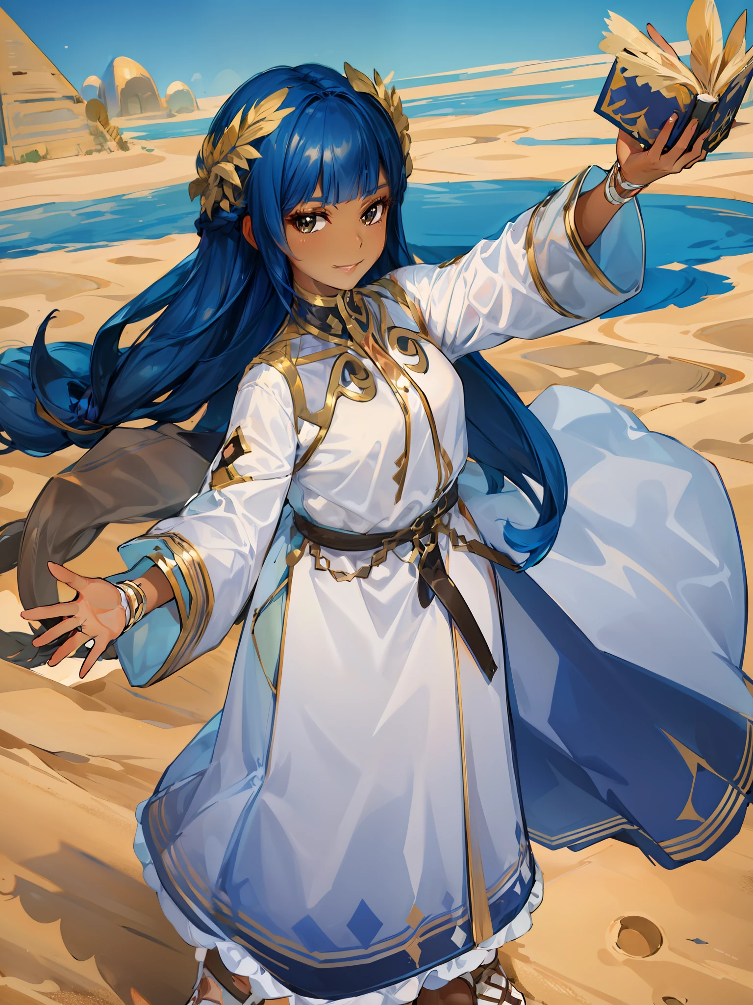 masterpiece, best quality, 1girl, solo, cowboy shot, closeup, (dark_skin:0.2), cute pose, smiling, white robes, long skirt, ((((desert)))), oasis, looking at viewer, holding a book, beautiful scenery, pyramids, long hair, dynamic pose, ultra-detailed, unity 8k HD wallpaper, sunny,