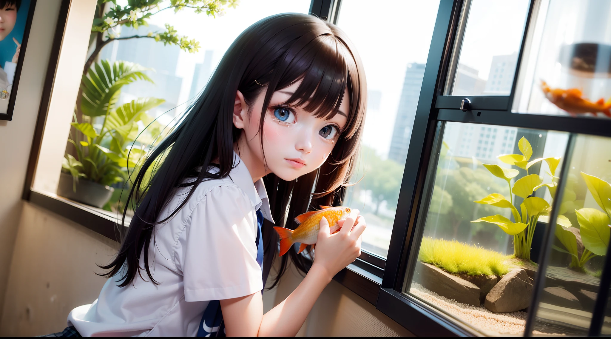 High school girl , Holding the fish tank, Hold on tight, There were tears in the eye sockets and a little redness。