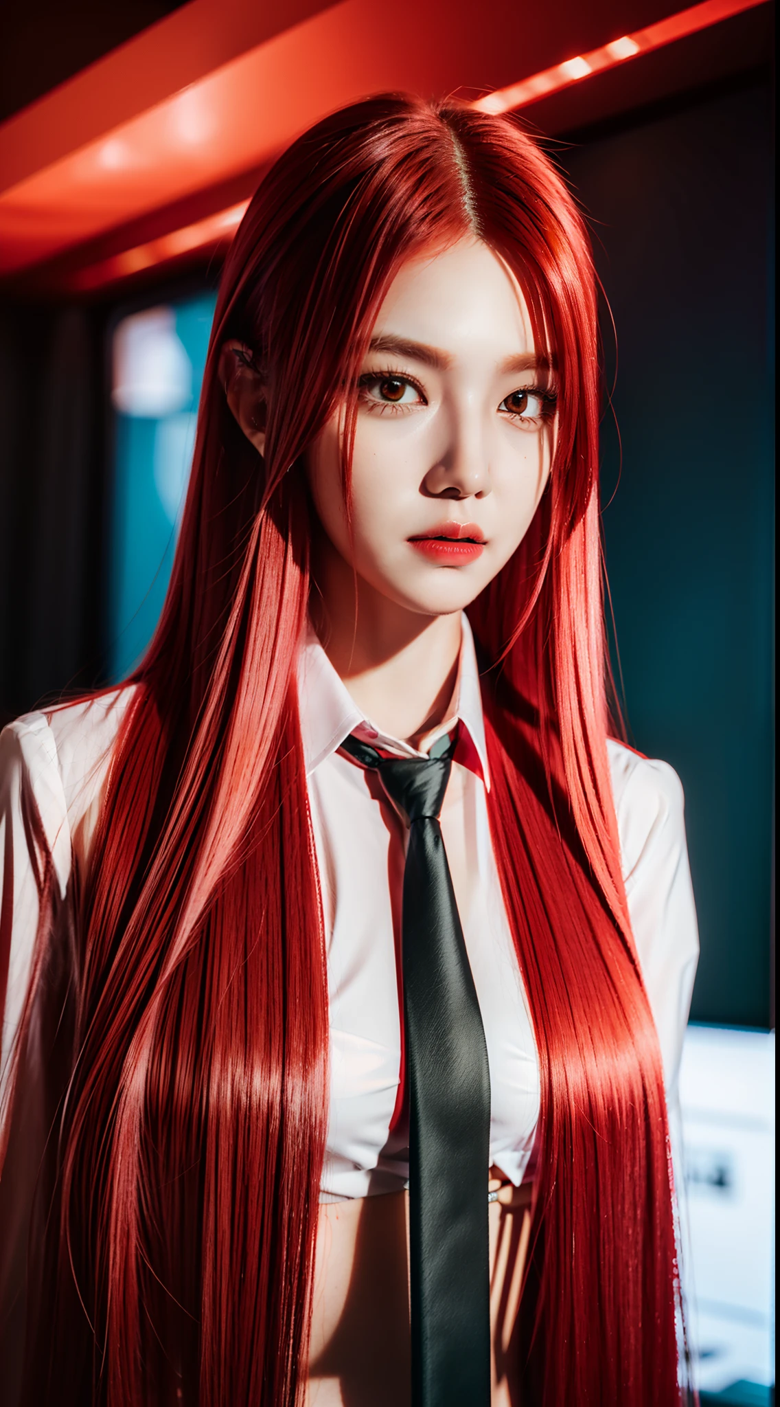 a woman with long pink hair wearing a tie, long crimson hair,makima, crimson red hair and red eyes, long flowing red hair, makima from chainsaw man,waifu, very long flowing red hair, beautiful android woman, red crimson crimson hair, beautiful female android, flowing red hair, female investigator, long glowing red hair, female spy, crimson hair, neo, mafia background hyper detailed