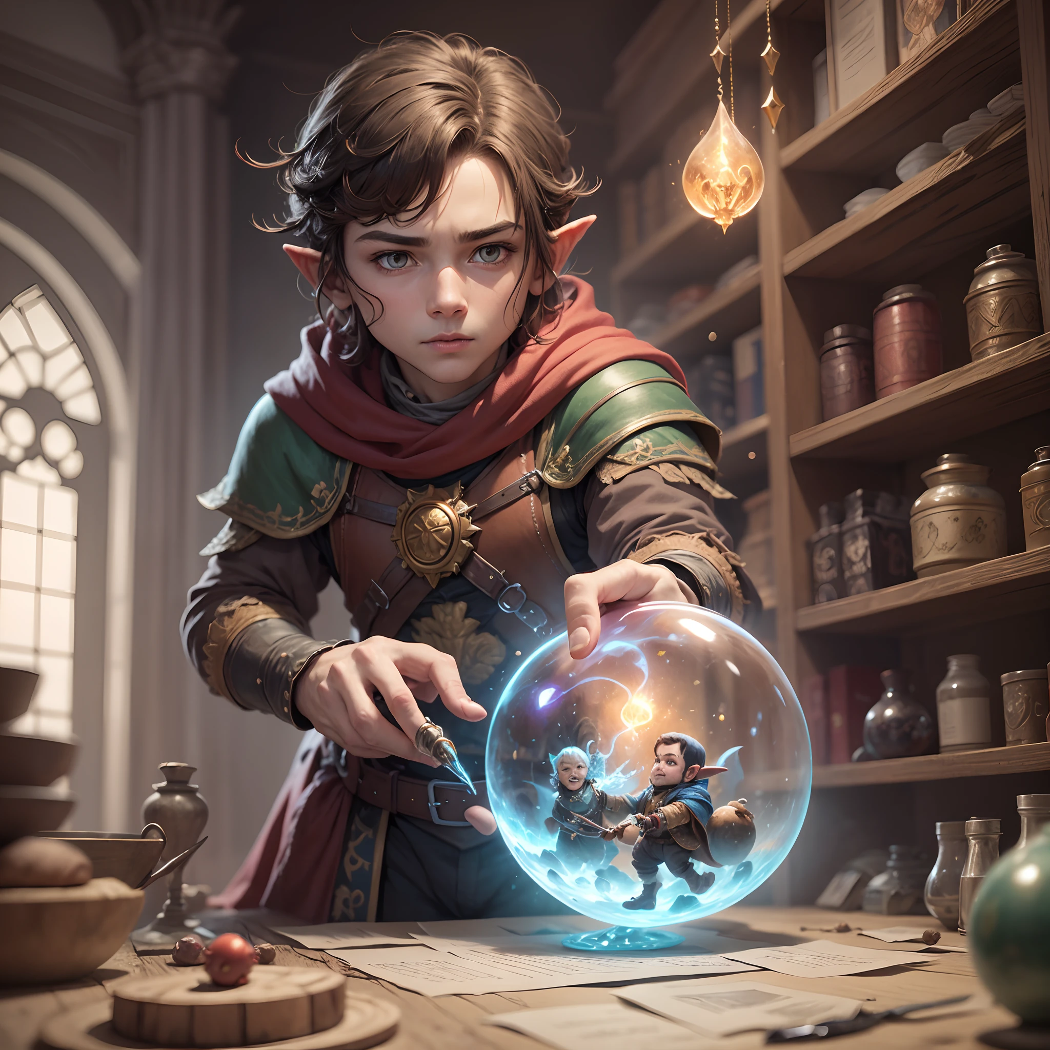 arte rpg, halfling homem, adulto, pequeno, orelhas ponturas, usando uma capa preta, casting magic by the hands, magical aura around, charlatan --auto --s2