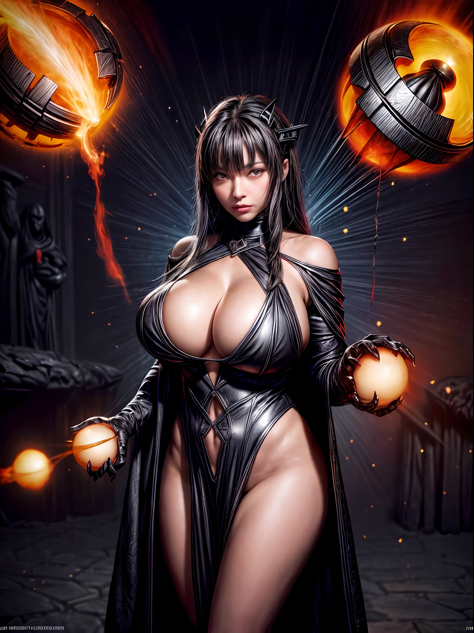 Hellbringers, Dressed in a black robe,Mask carved mysterious pattern,Eyes flashing with cold light,Fingers are long and beautiful,The voice is deep and beautiful,Lead sinful souls to judgment and punishment,Maintain balance and justice in the world, (huge breasts:1.5), breasts out, shinny skins,fire on breast,darkstar style, glowing, space, planet, star /(sky/), black hole, glowing eyes, purple skin, colored skin,
armor, helmet