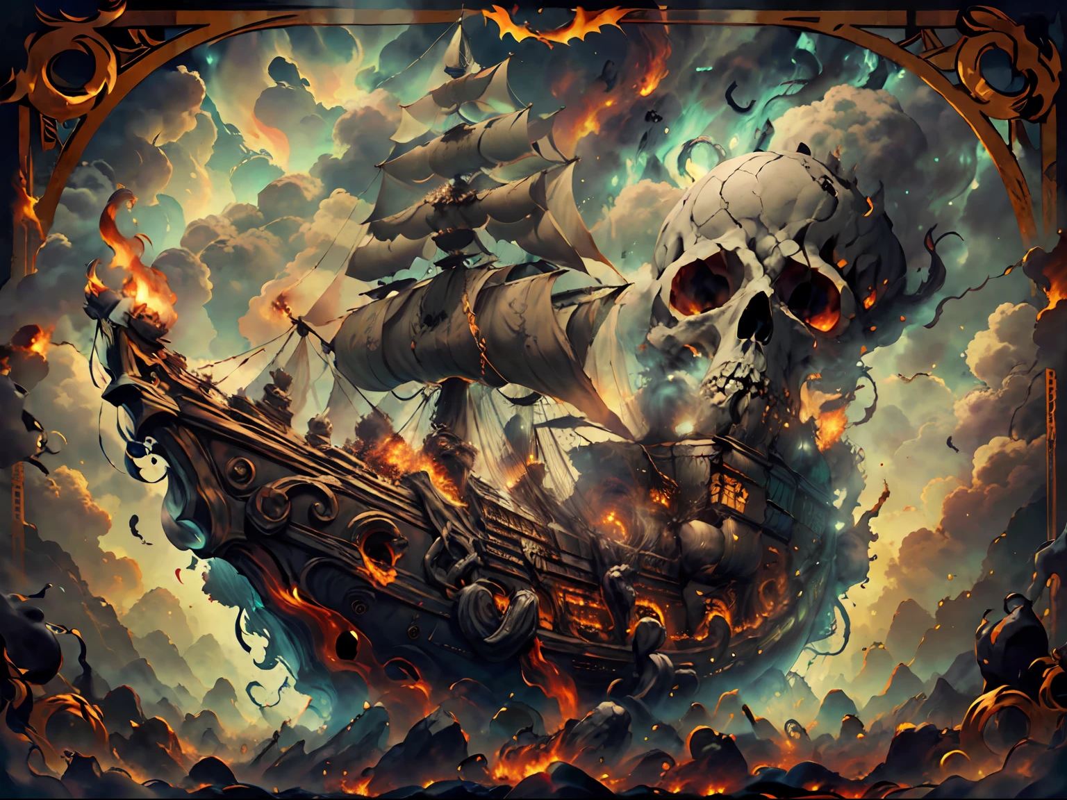 Craft a series of AI-generated artworks featuring a ghostly ship of the damned, surrounded by an atmosphere of thick smoke and swirling flames. The ship itself should boast a tattered and ethereal appearance, with misty sails that bear the likeness of sinister ghost faces. Amidst the billowing smoke, introduce a colossal, hauntingly detailed skull composed of smoky tendrils, looming ominously over the ship. This giant skull could exude an eerie glow from its hollow eye sockets and be adorned with spectral wisps that intertwine with the smoke. The entire scene should evoke a sense of both awe and dread, transporting viewers to a realm where the boundaries between the living and the spectral blur, and where the fiery mists conceal both secrets and curses