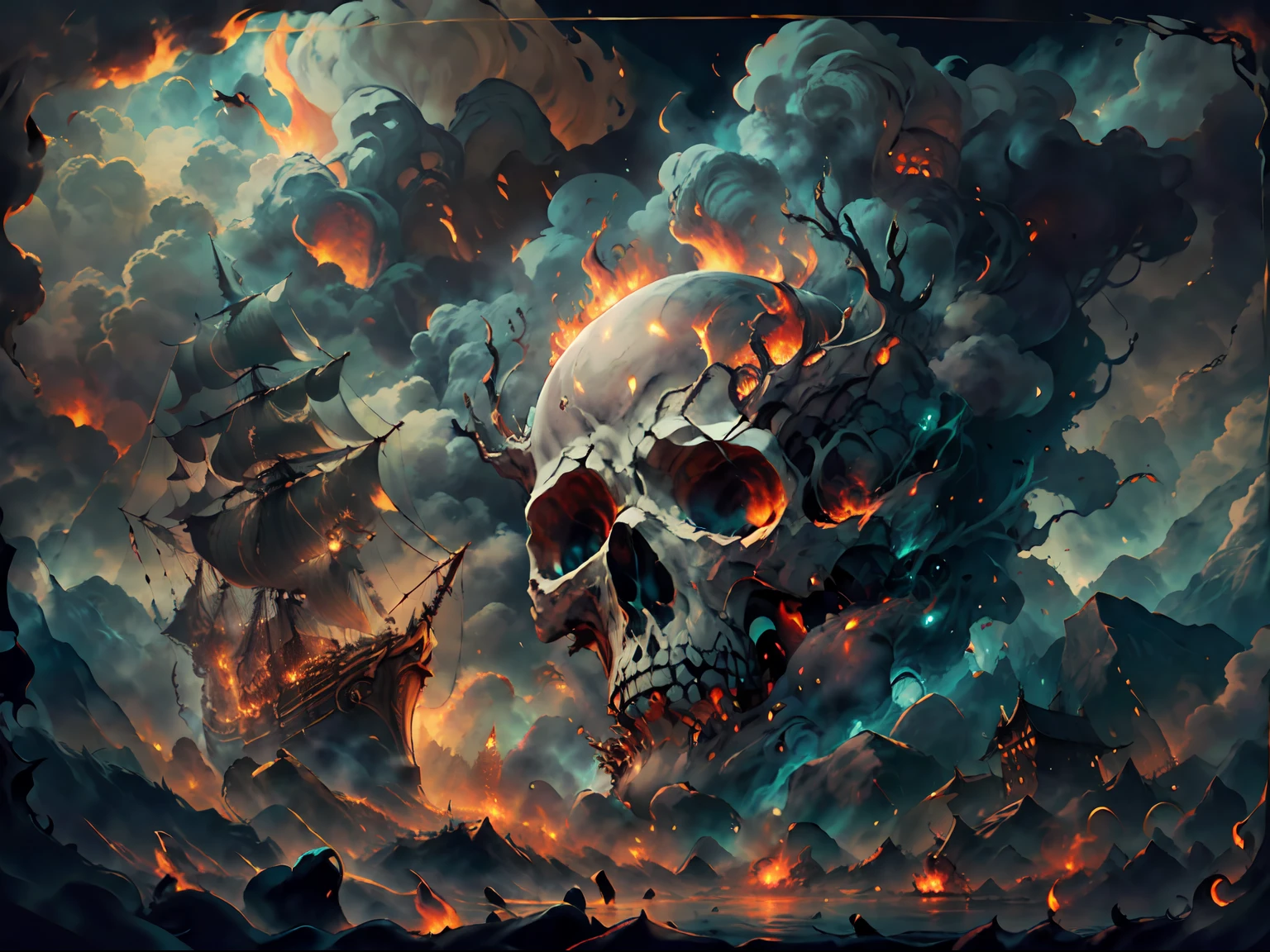 Craft a series of AI-generated artworks featuring a ghostly ship of the damned, surrounded by an atmosphere of thick smoke and swirling flames. The ship itself should boast a tattered and ethereal appearance, with misty sails that bear the likeness of sinister ghost faces. Amidst the billowing smoke, introduce a colossal, hauntingly detailed skull composed of smoky tendrils, looming ominously over the ship. This giant skull could exude an eerie glow from its hollow eye sockets and be adorned with spectral wisps that intertwine with the smoke. The entire scene should evoke a sense of both awe and dread, transporting viewers to a realm where the boundaries between the living and the spectral blur, and where the fiery mists conceal both secrets and curses