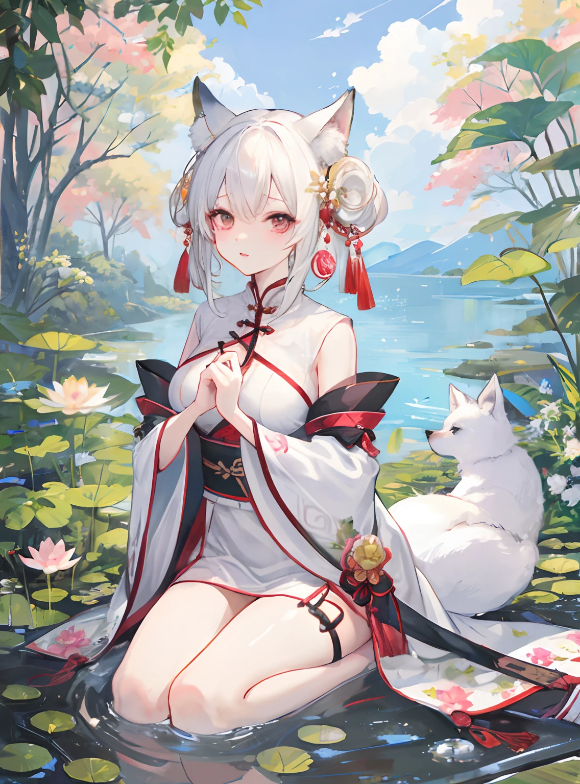 ((4K、masterpiece、top-quality))、shuimobysim、Traditional Chinese Costume、lotuses、Hanfu、Maxi Kit、One woman was modestly dressed、独奏、white hair、fox ear、blanche、AngelT、The lotus flowers、looking at viewert、Banter、Oneshota、water dripping, Splash, looks up、hight resolution,Looking at Viewer, masutepiece,Best Quality, Extremely detailed, Perfect Lighting、Beautiful thighs、Wet、Beautiful eyes