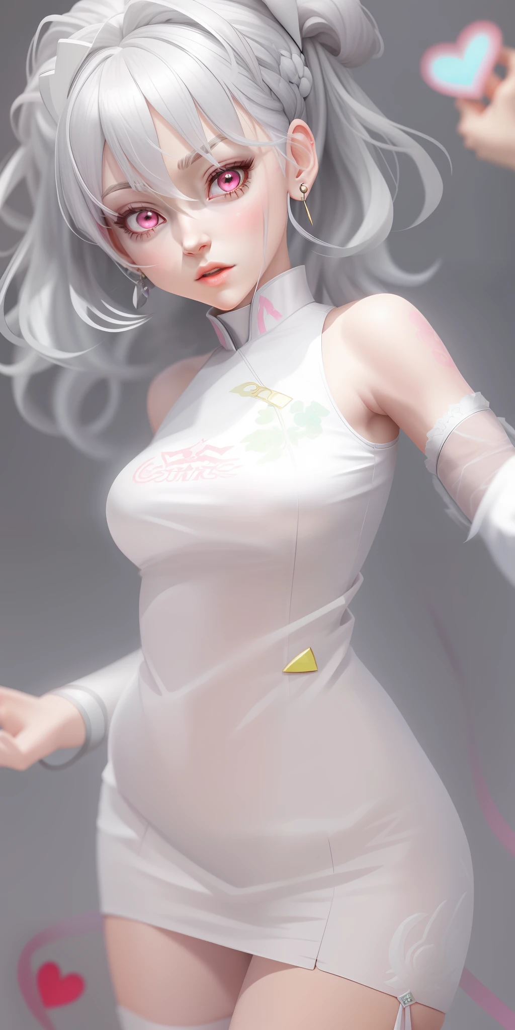 Silver hair, Hairline,, Pink eyes, Heart earrings, rough breath, Anime style, 8K, High details, High quality, Super detail,white stockings,Heads-up,Skinny ultra-short cheongsam,Panorama Figures