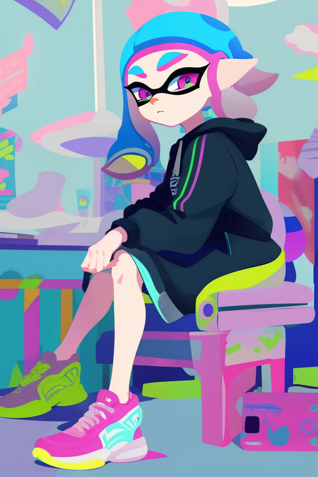 Splatoon, 1girl, inkling, Splatoon 2, splatfest style, Splatoon style, headphones, short hair, hoodie, blue ink, blue tentacles, blue hair, pink eyes, lineless